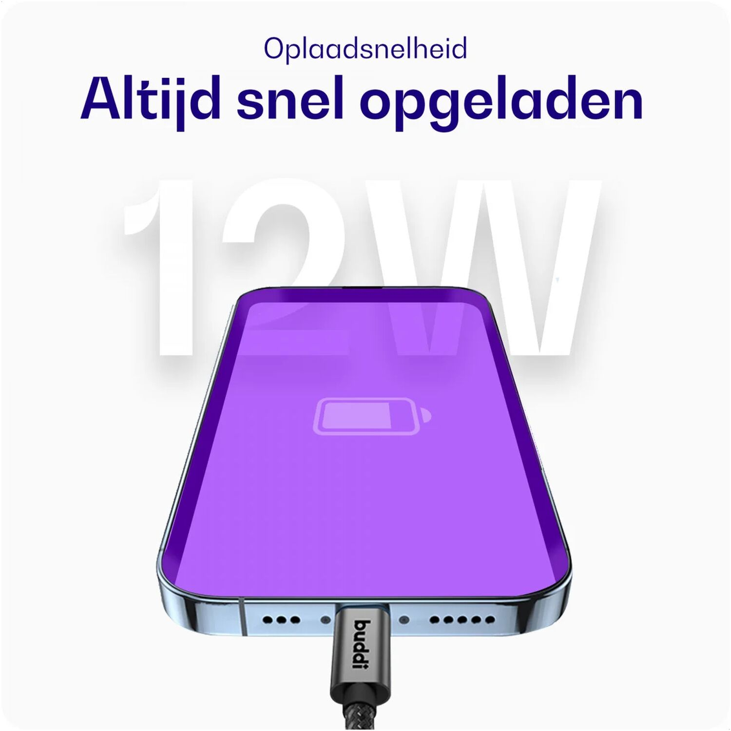 Een smartphone met paars scherm wordt opgeladen. 12W staat groot op de achtergrond.