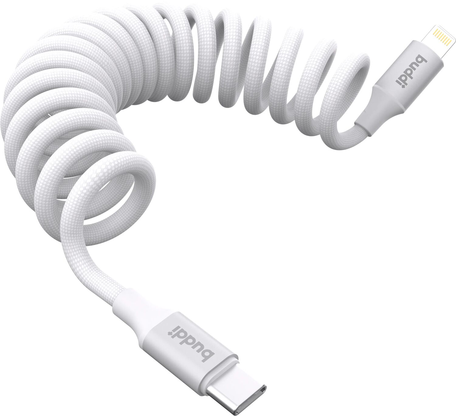 Witte spiraalkabel met USB-C en Lightning connectoren.