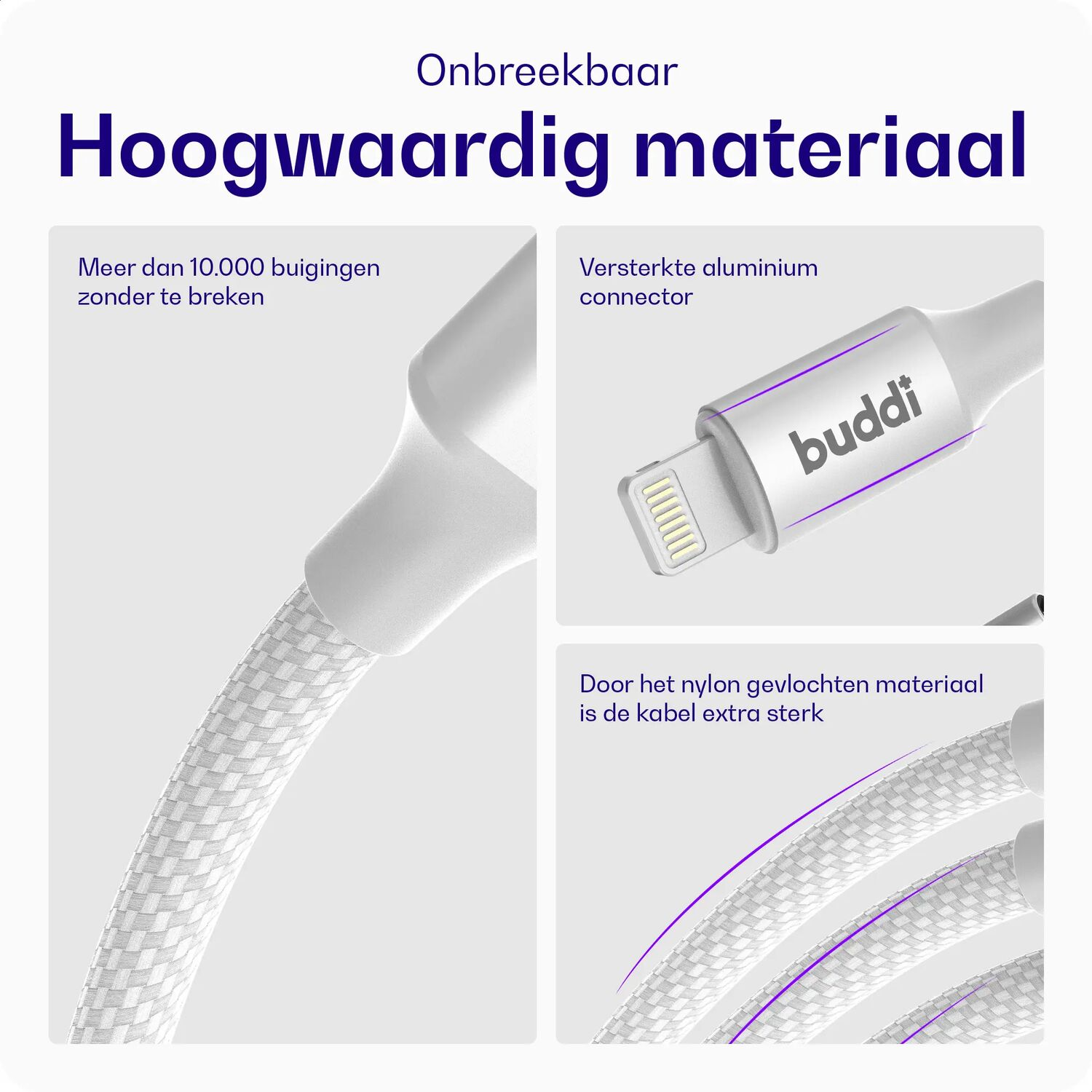 Hoogwaardig materiaal: Buigzaam, aluminium connector, gevlochten nylon.