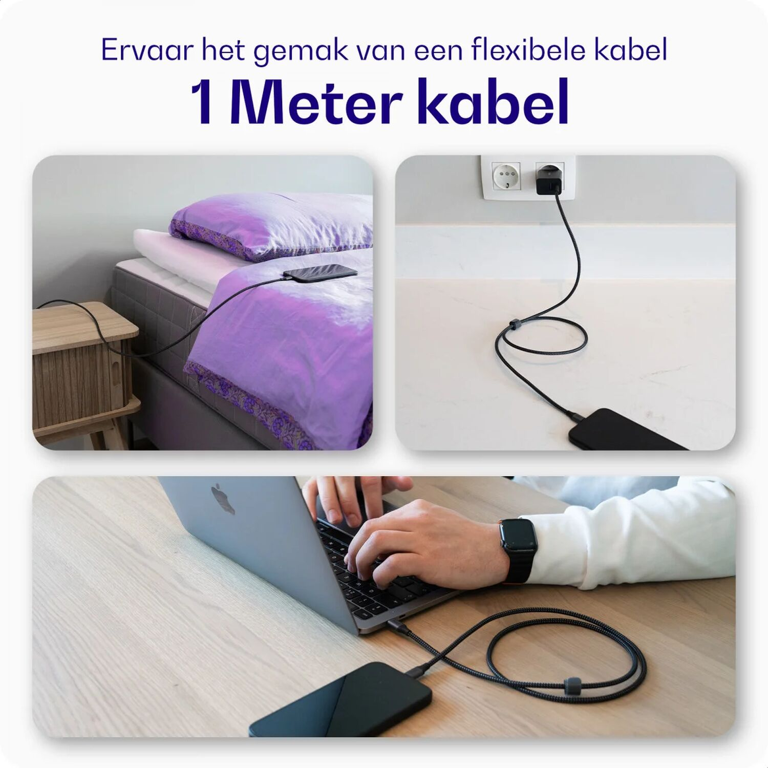 Een oplaadkabel is aangesloten op een telefoon, bij een bed en een stopcontact.
