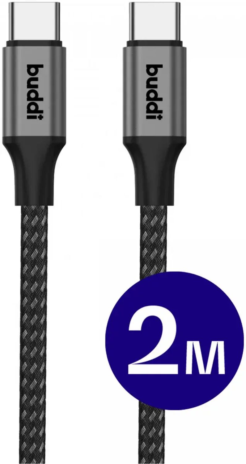 Twee zwarte USB-C kabels met zilveren connectoren en een blauwe cirkel met 2m.