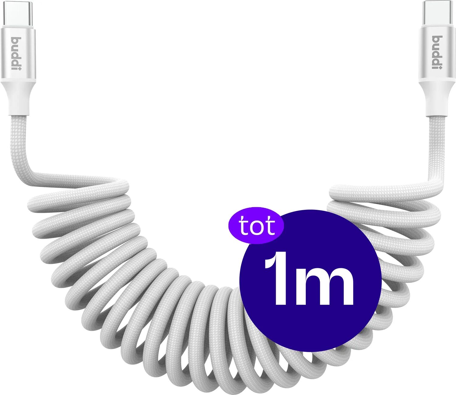 Witte spiraalkabel met USB-C connectoren en '1m' aanduiding.