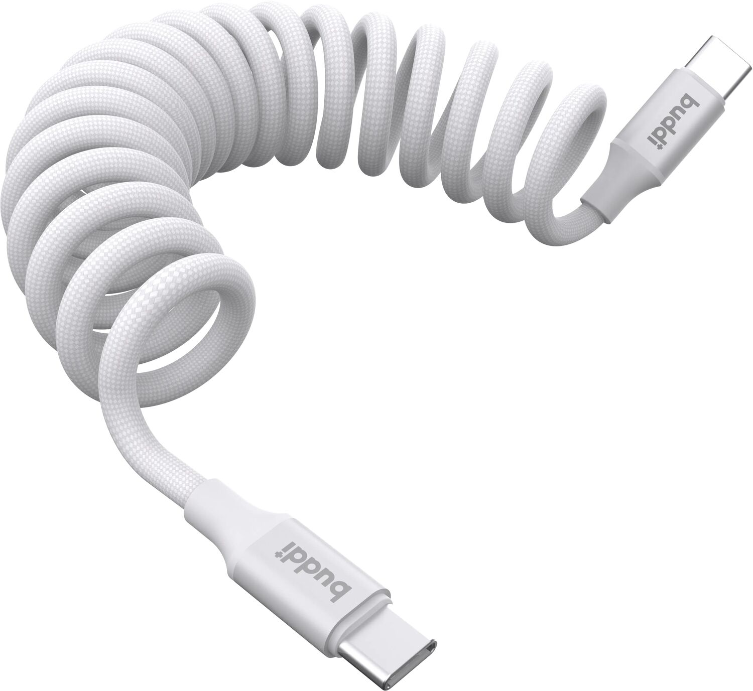 Een witte, spiraalvormige USB-C-kabel met het 'buddii'-logo.
