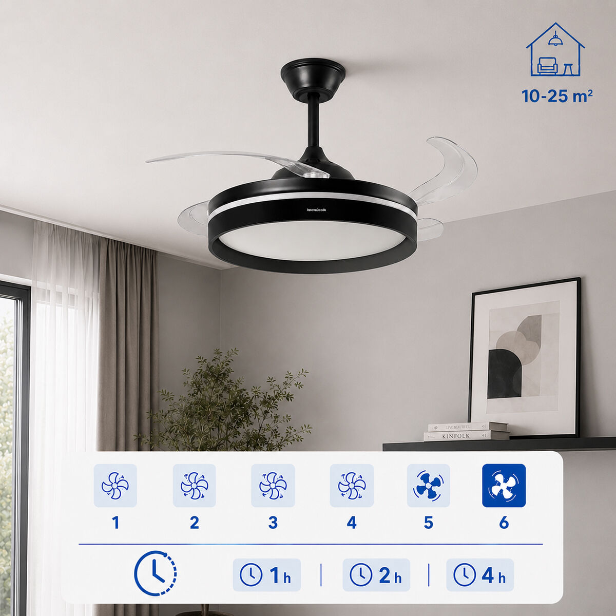 Ventilatore da soffitto nero con luce e pale retrattili per 10-25 m².