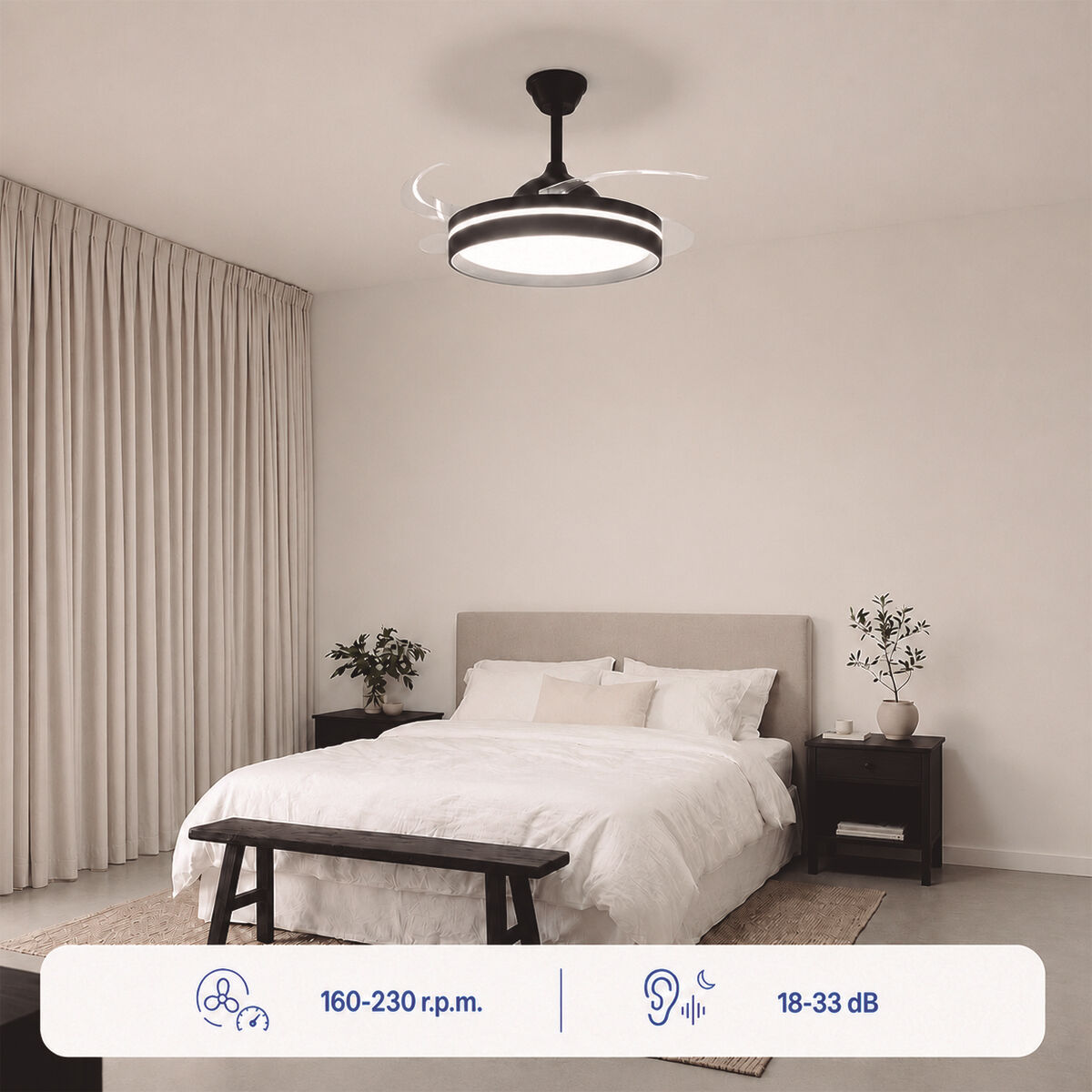 Camera da letto con ventilatore a soffitto, letto e comodini. 160-230 giri/min, 18-33 dB.