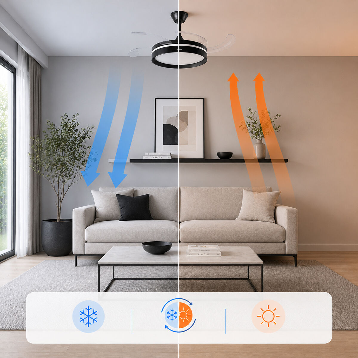 Ventilatore da soffitto in un soggiorno, mostra modalità freddo e caldo.