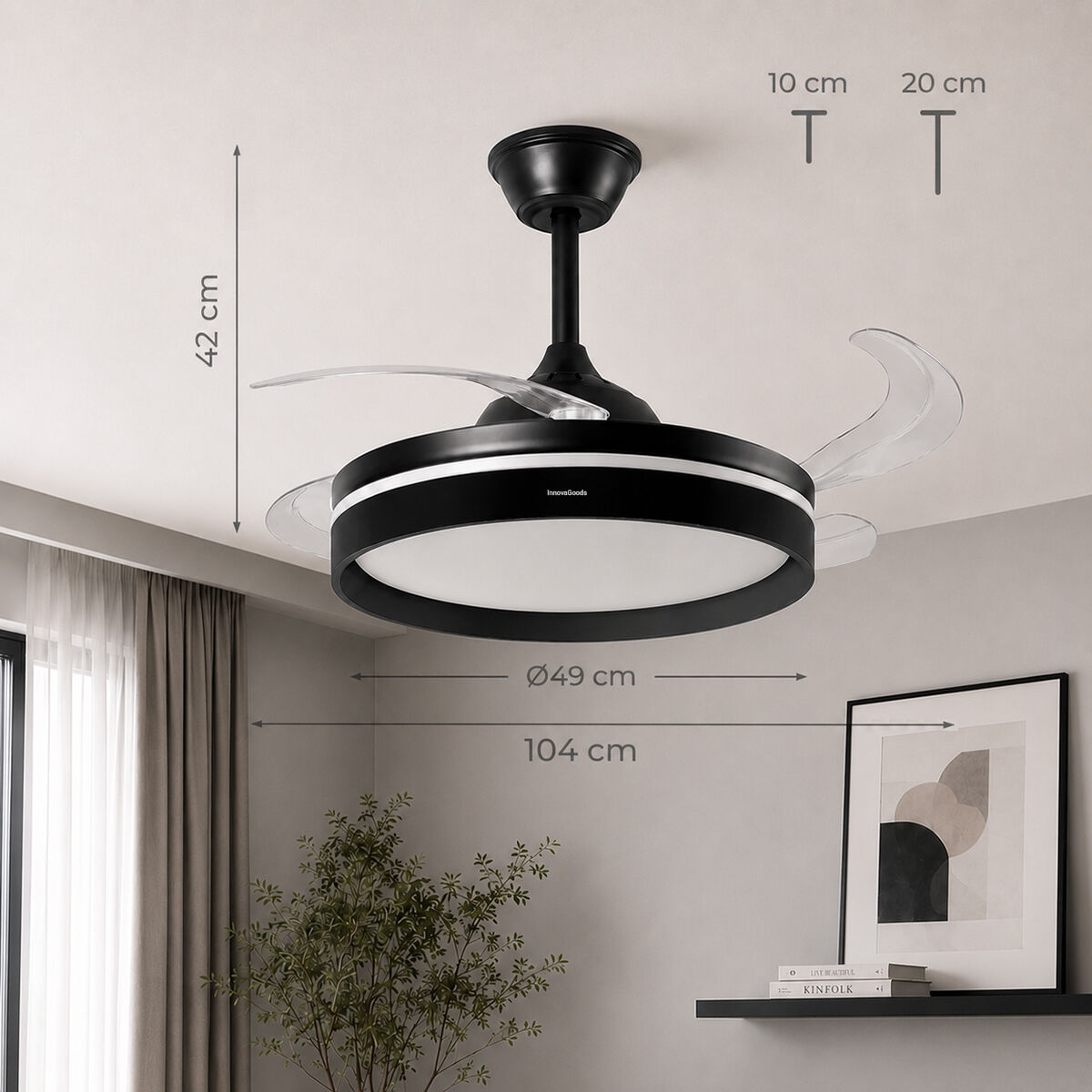 Ventilatore da soffitto nero con luce LED, altezza 42cm, diametro 49cm.