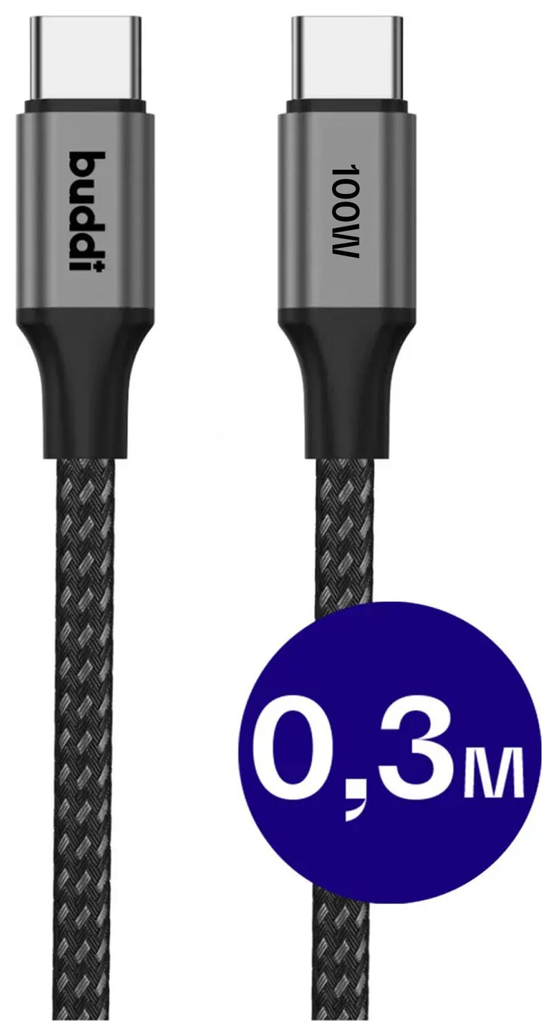Twee USB-C kabels, één met "buddī" en de ander met "100W".