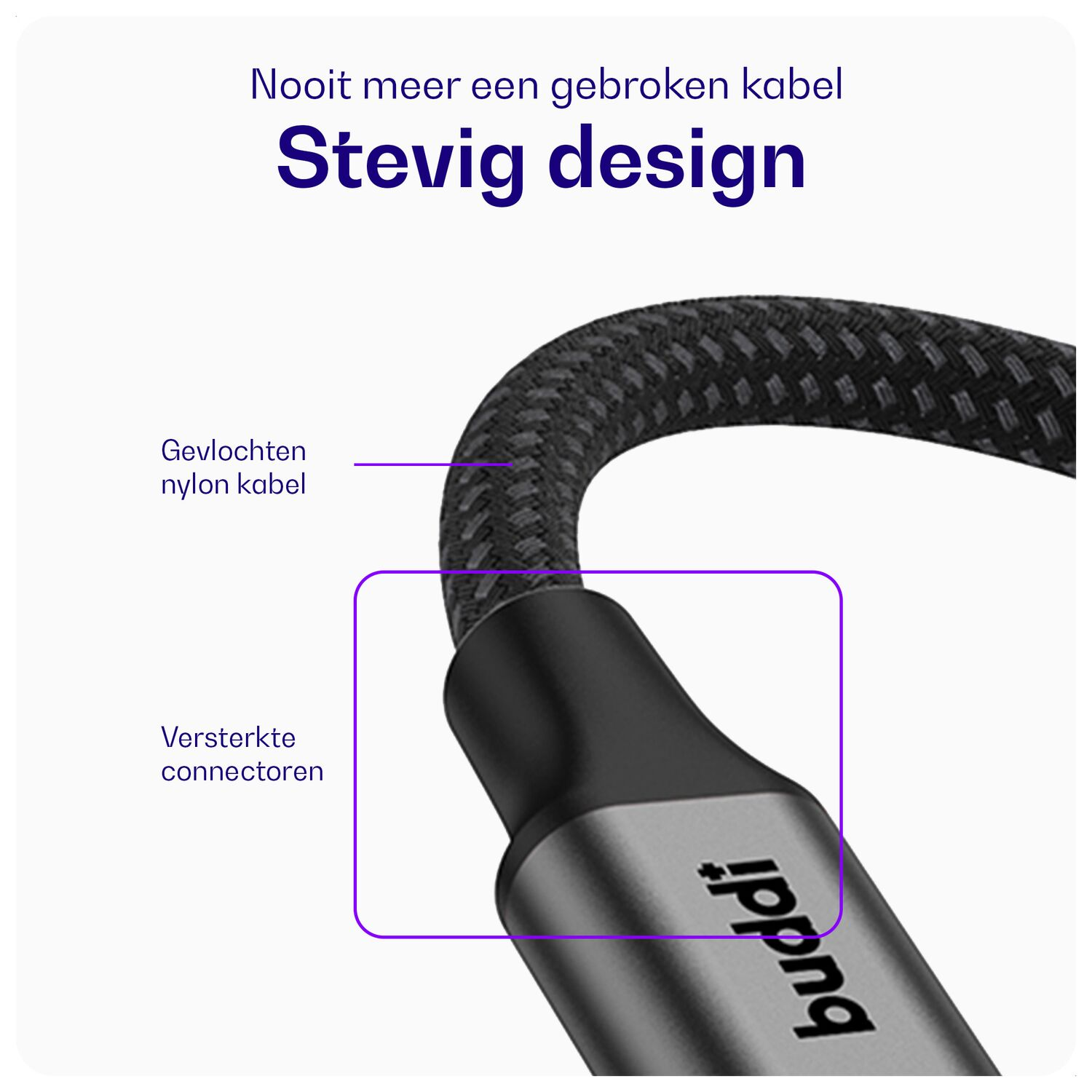 Gevlochten kabel met versterkte connectoren en 'buddi' logo.