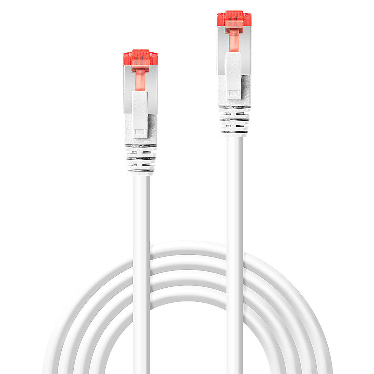 Due cavi Ethernet bianchi con connettori rossi, su sfondo bianco.