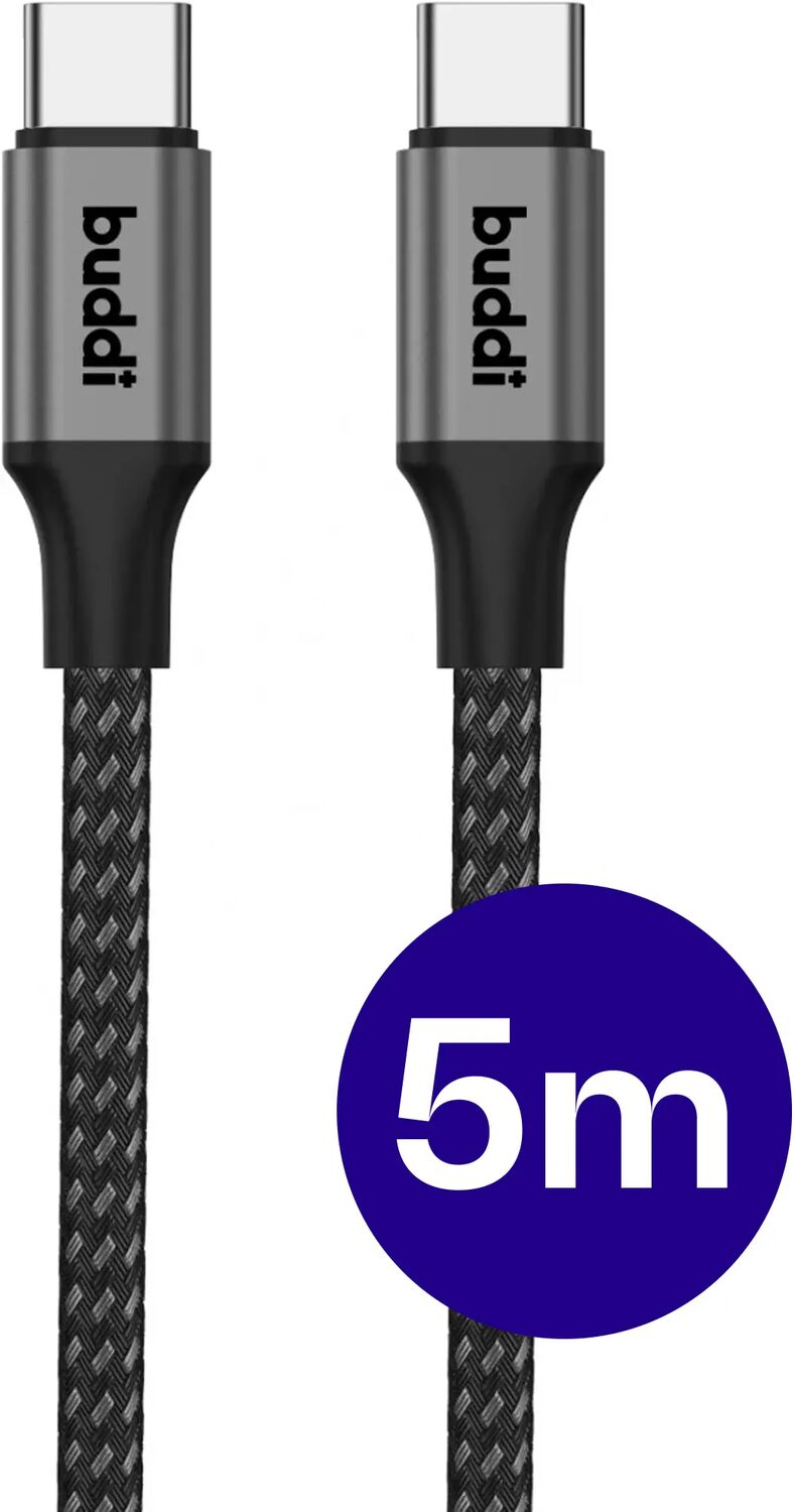 Twee zwarte USB-C kabels met zilveren connectoren en een blauw 5m-cirkelbadge.