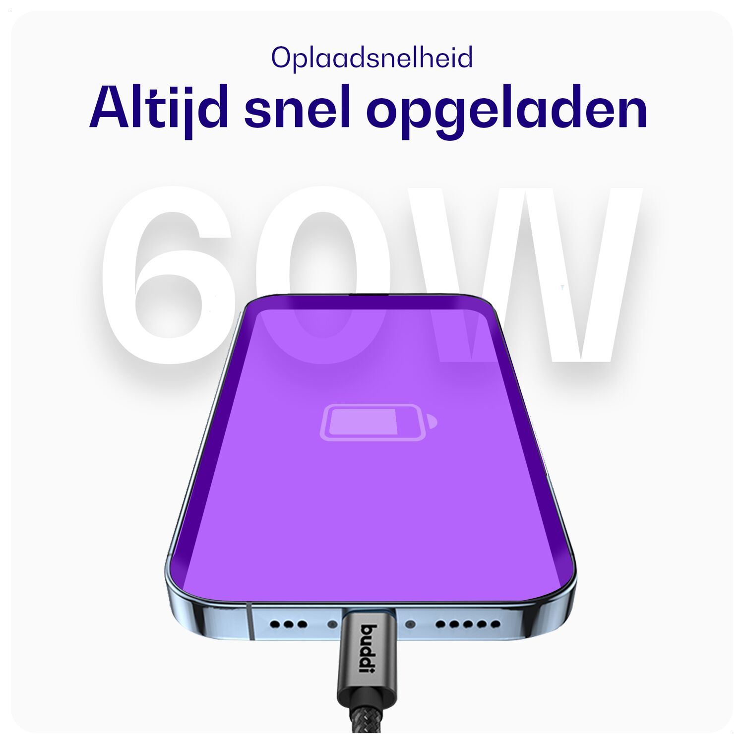 Een smartphone laadt snel op met 60W lader. Scherm toont batterij-icoon. Grote 60W cijfers.
