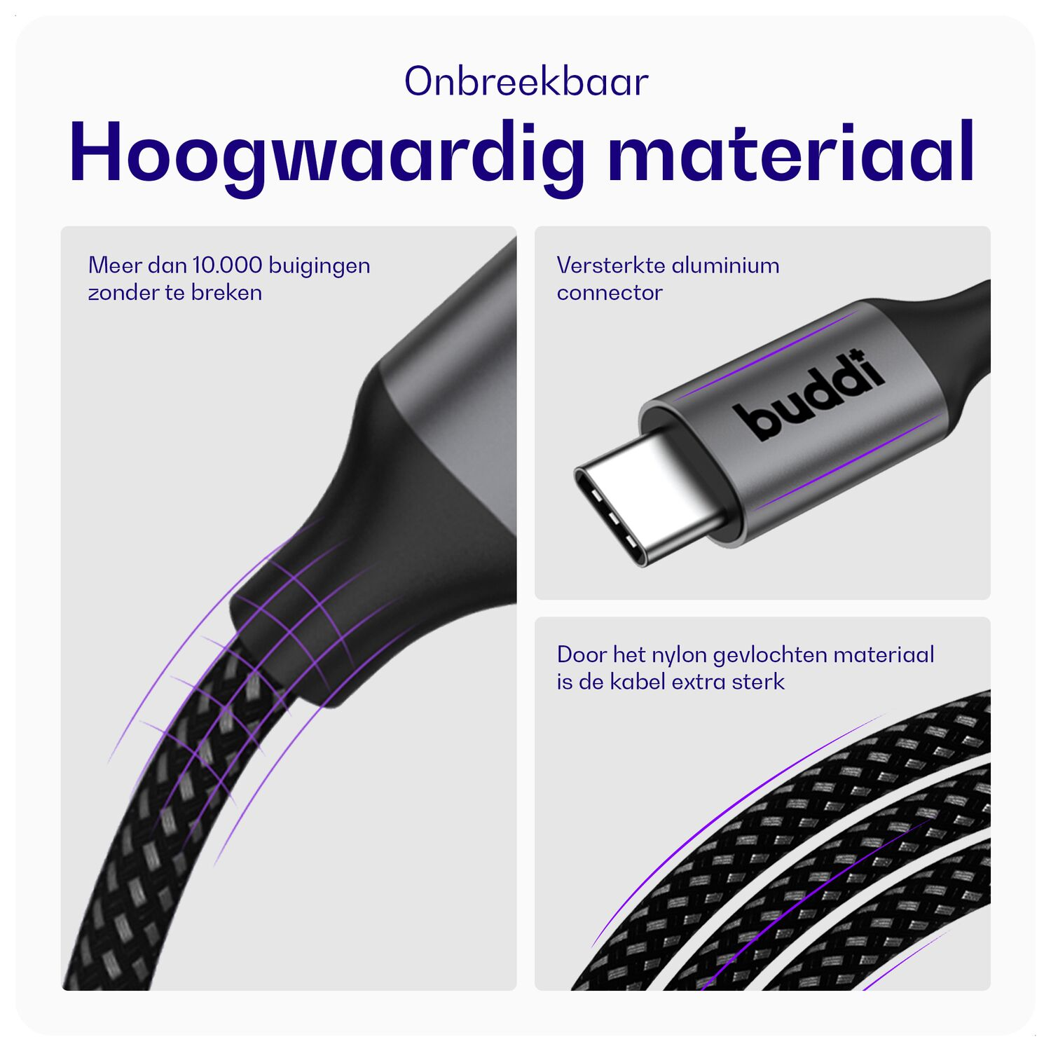 Hoogwaardig materiaal: Flexibele kabel, aluminium connector, sterk nylon vlechtwerk.