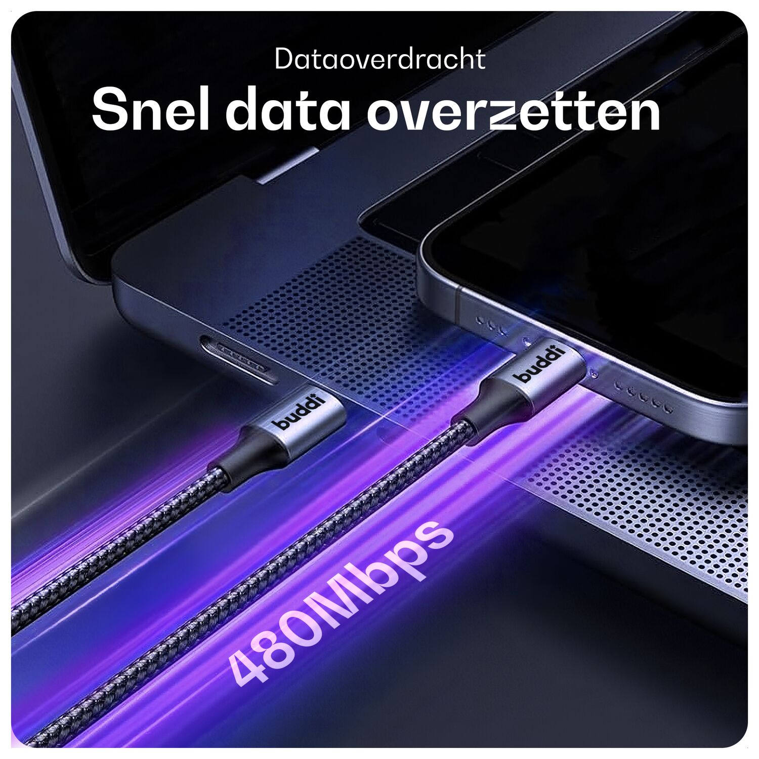 Een kabel verbindt een smartphone met een laptop, 480Mbps.