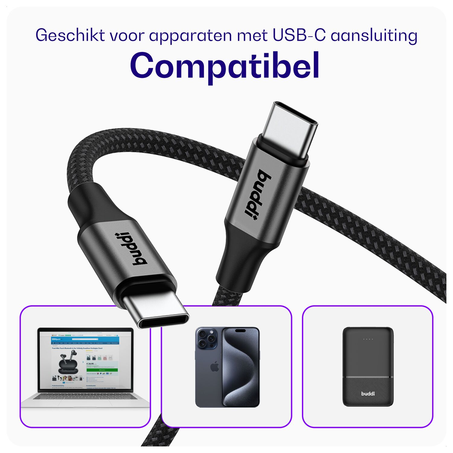 USB-C kabel met laptop, smartphone en powerbank.