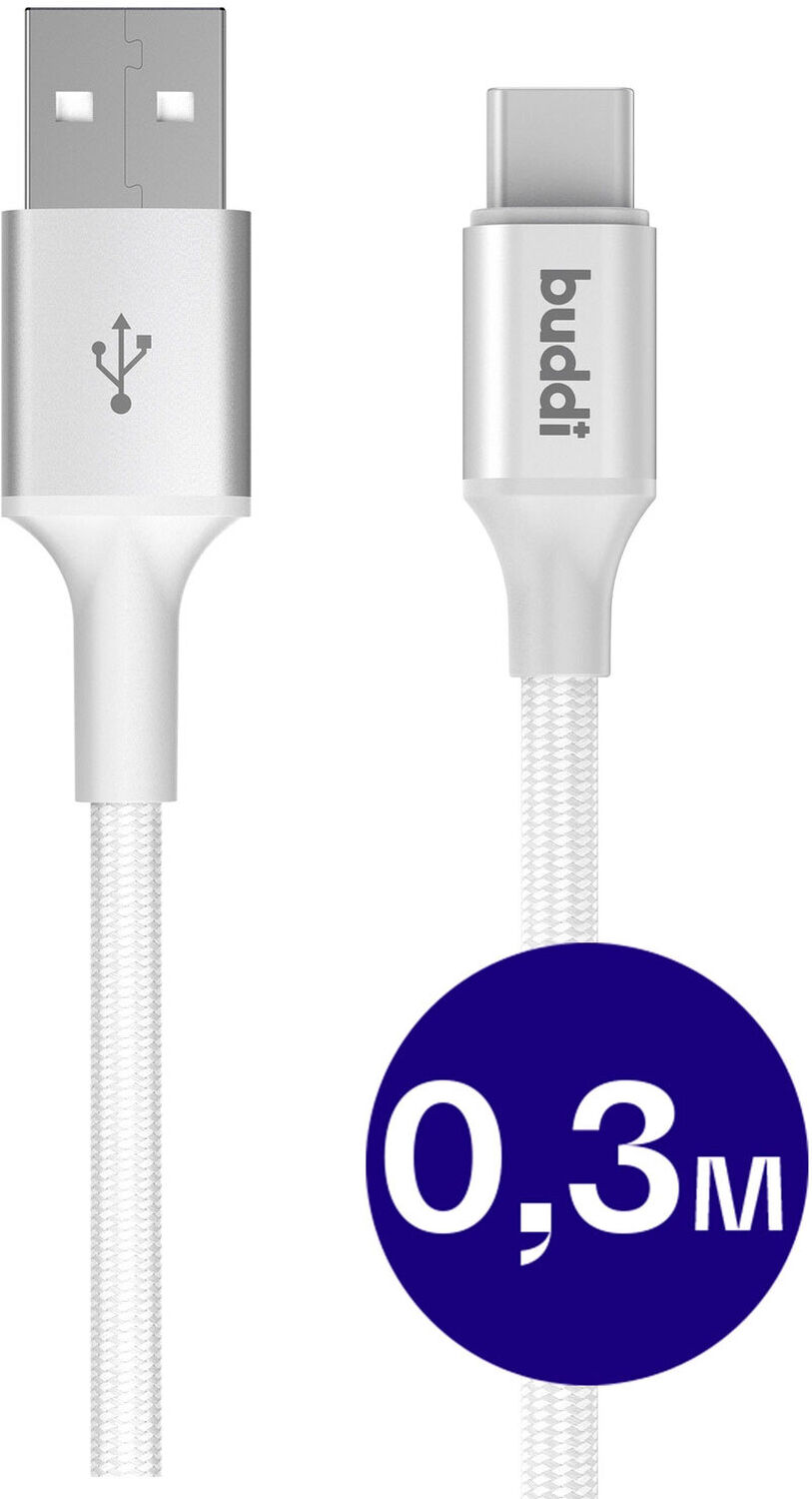 Een witte USB-A naar USB-C kabel met zilveren connectoren en 0,3m lengteaanduiding.