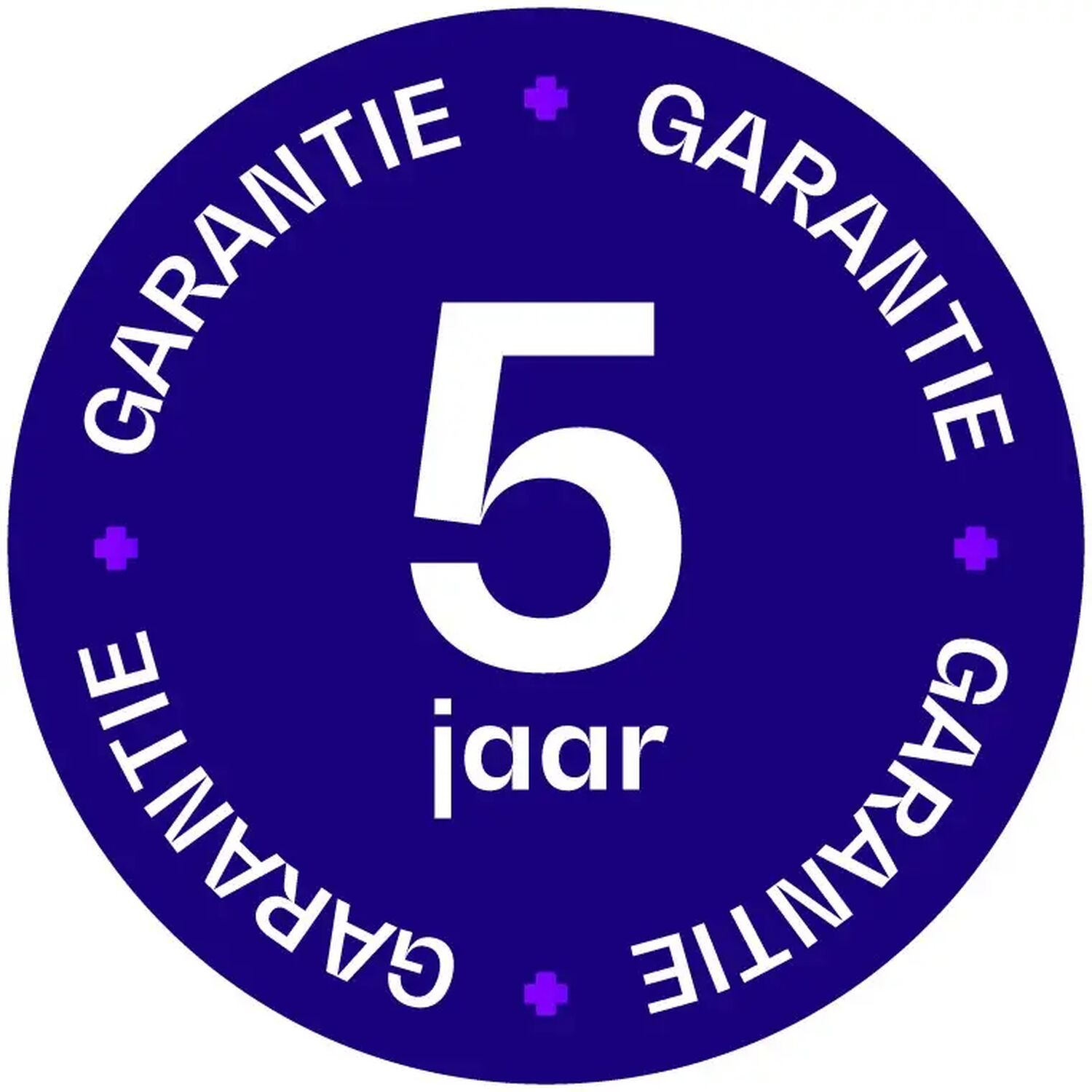 5 jaar garantie: Een blauwe cirkel met witte 5 en het woord 'jaar'.