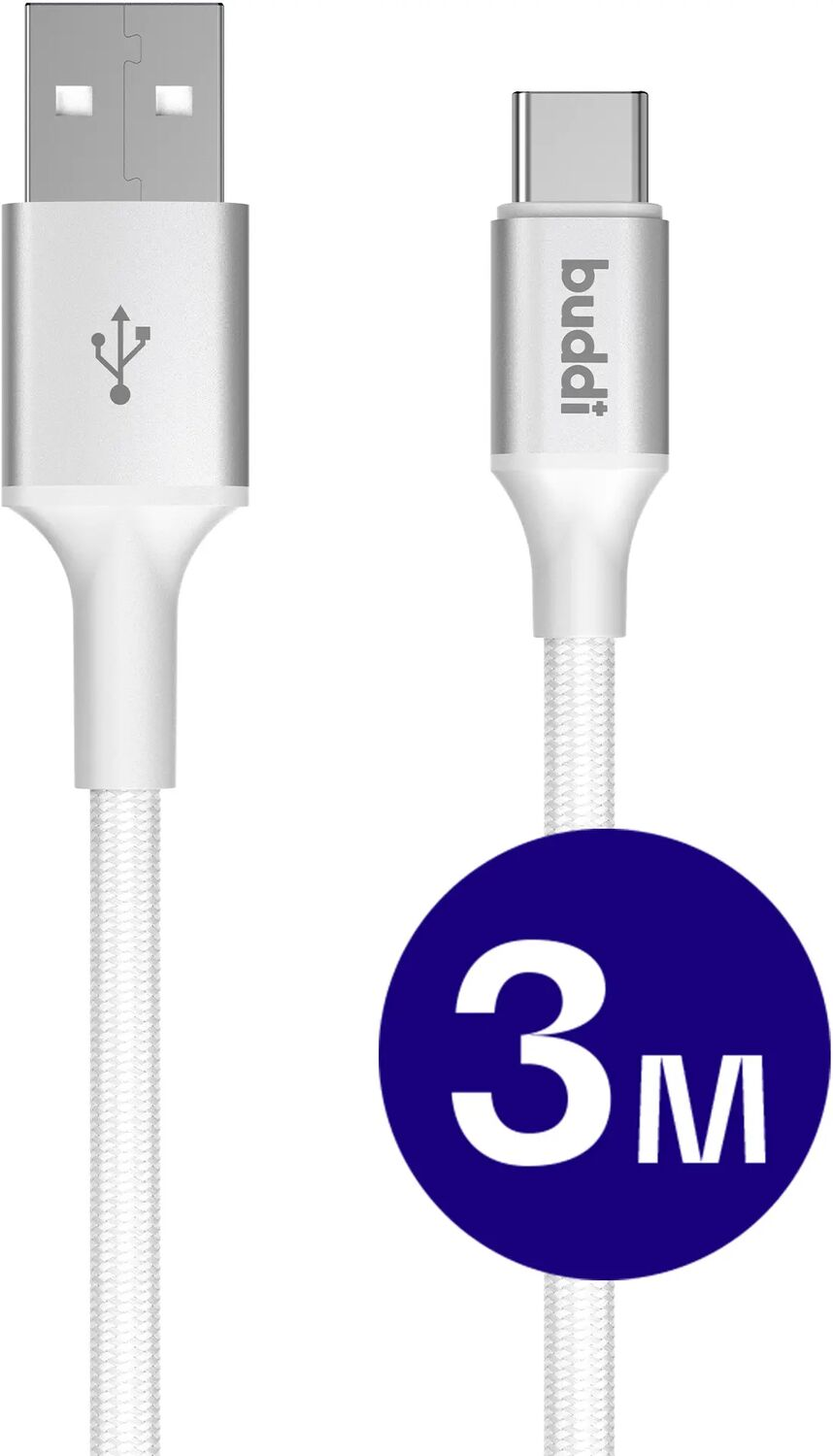 Witte USB-C kabel met zilveren connectoren en 3m markering.
