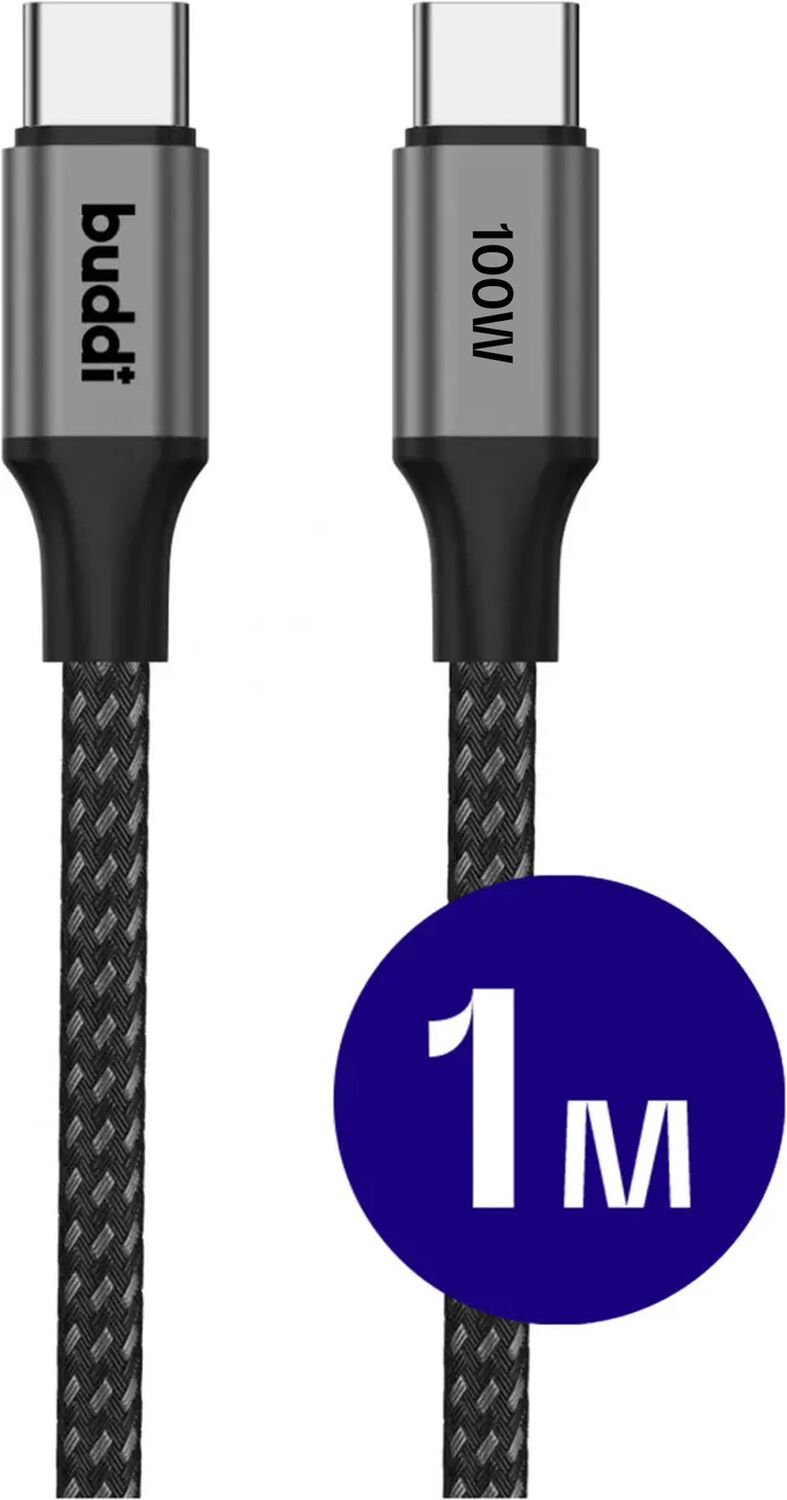 Twee grijze USB-C kabels met zwarte vlecht. Eén zegt 