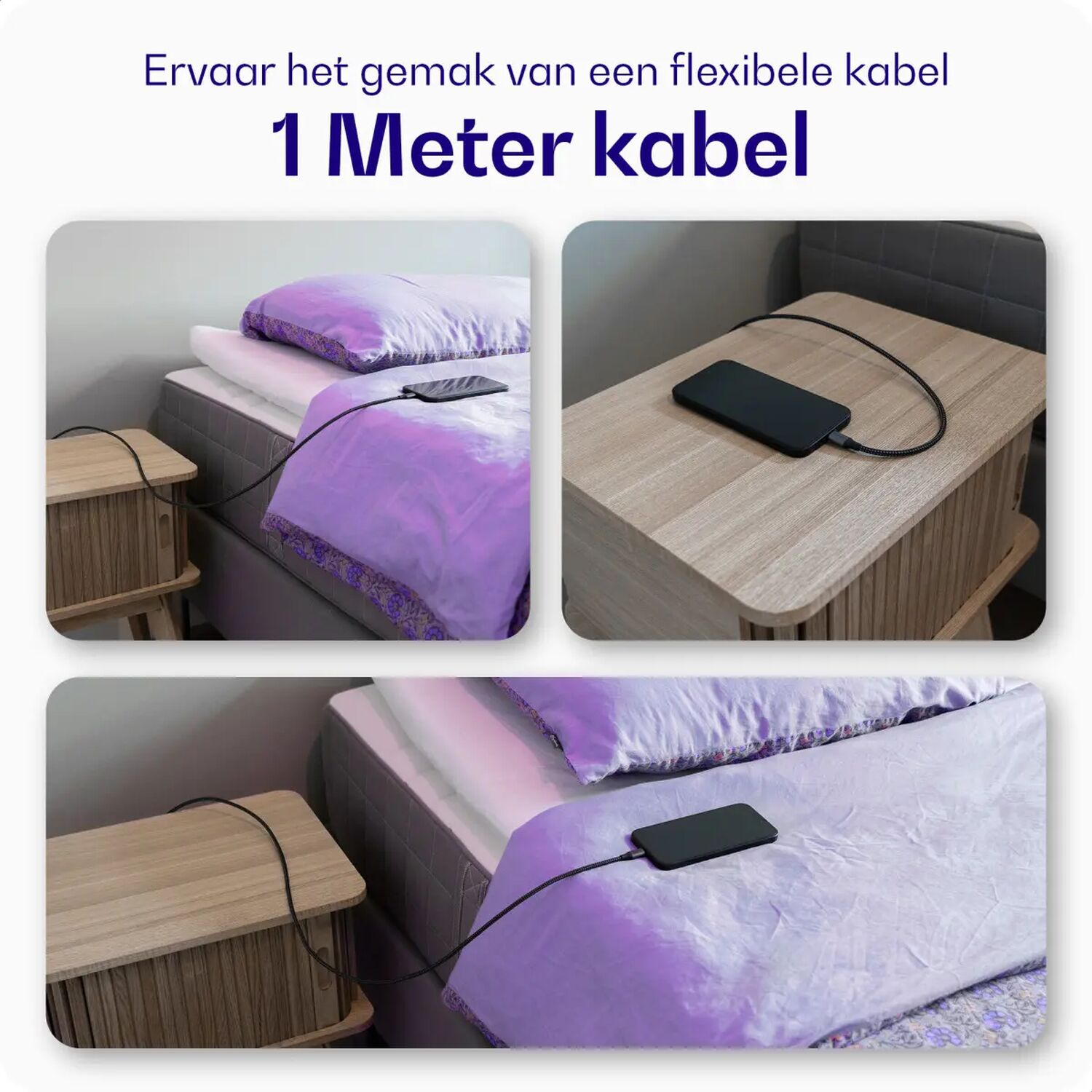 Een oplaadkabel verbindt een smartphone met een stopcontact naast een bed.