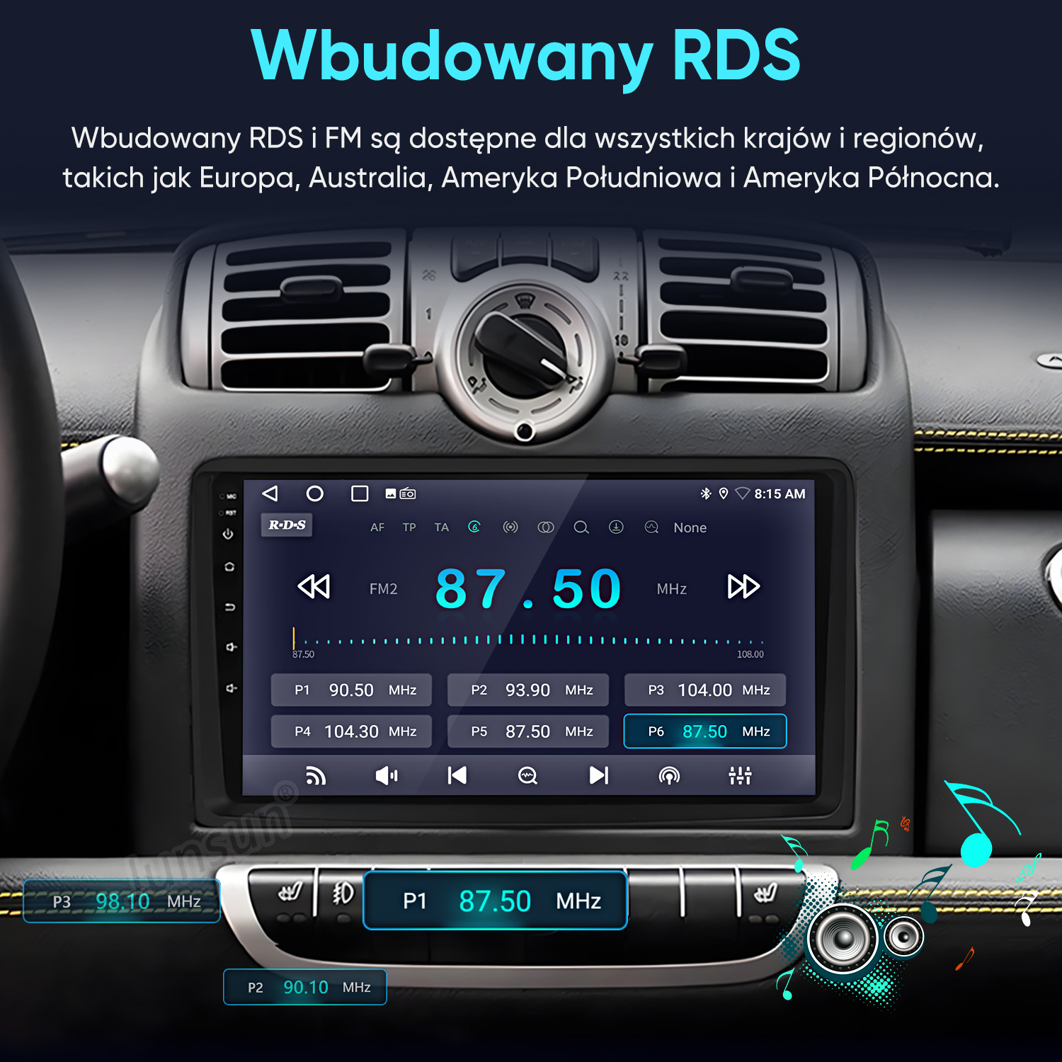 Wyświetlacz radia samochodowego pokazuje FM2 87.50 MHz z zaprogramowanymi częstotliwościami i kontrolkami.