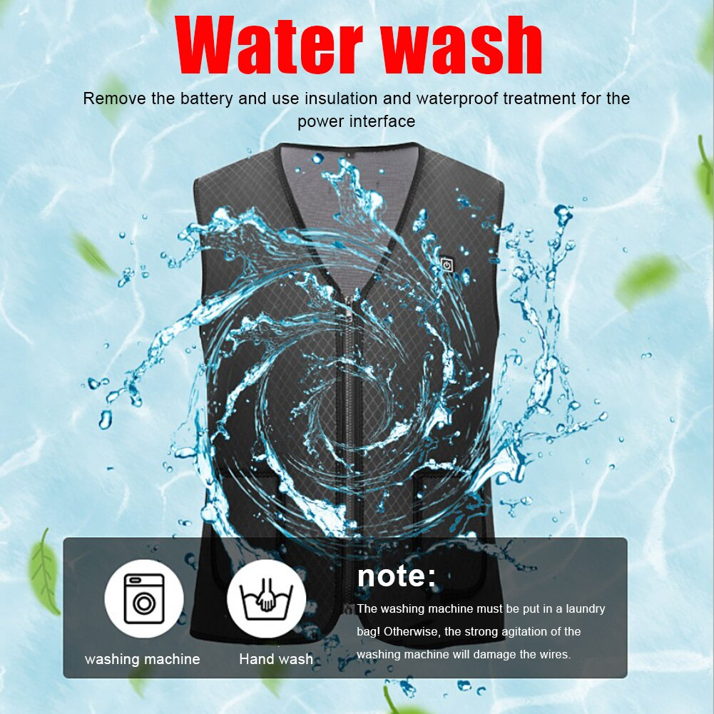 A black vest with splashing water, with text about washing instructions.