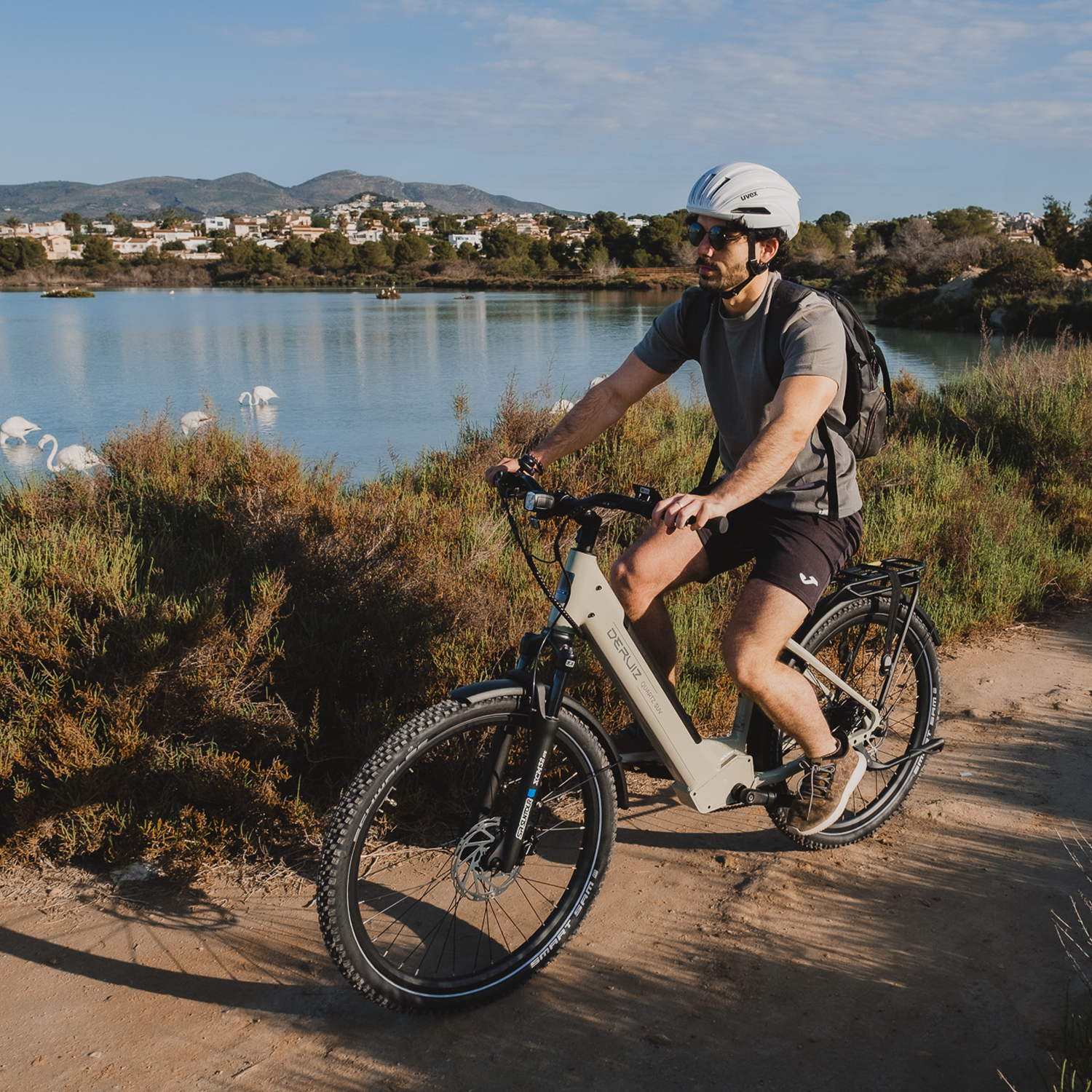 Mann fährt Fahrrad am See mit Flamingos und Stadt im Hintergrund.