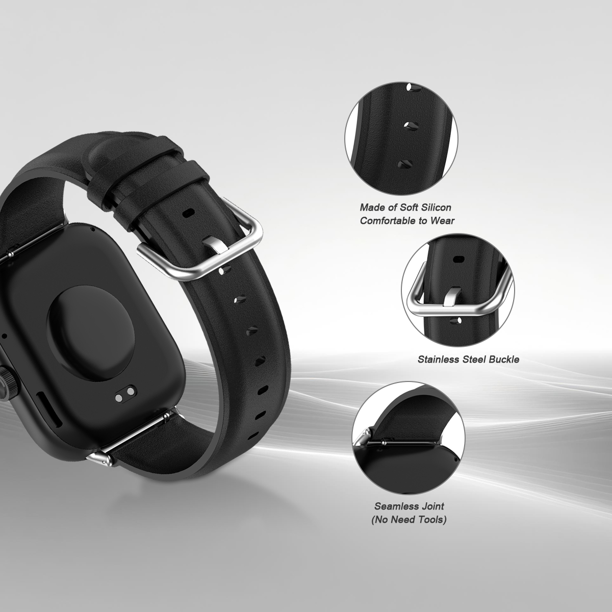 Schwarzes Armband aus Silikon mit Edelstahlschnalle und nahtloser Verbindung.