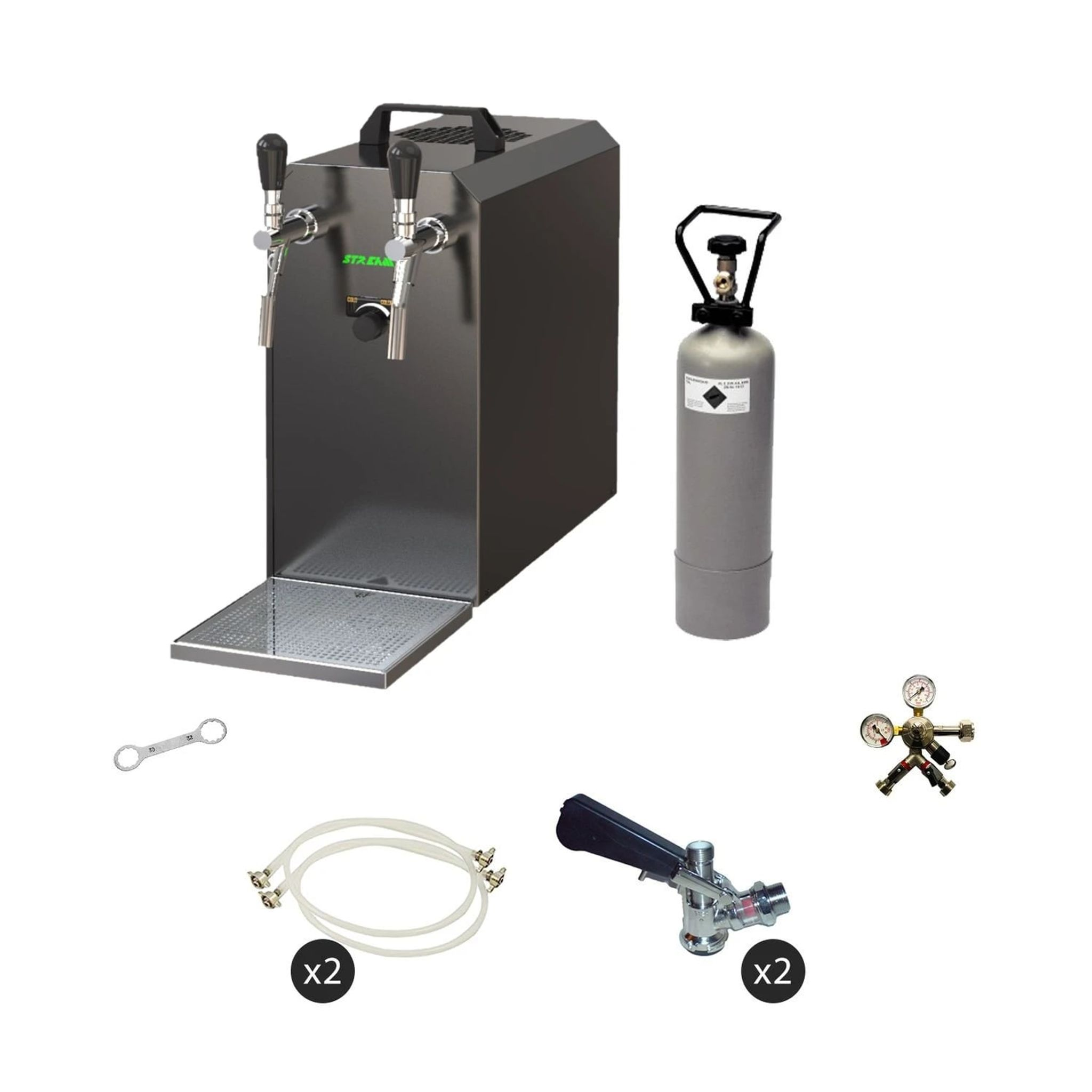 Zapfanlage mit CO2-Flasche, Schläuchen, Anschluss und Werkzeug.