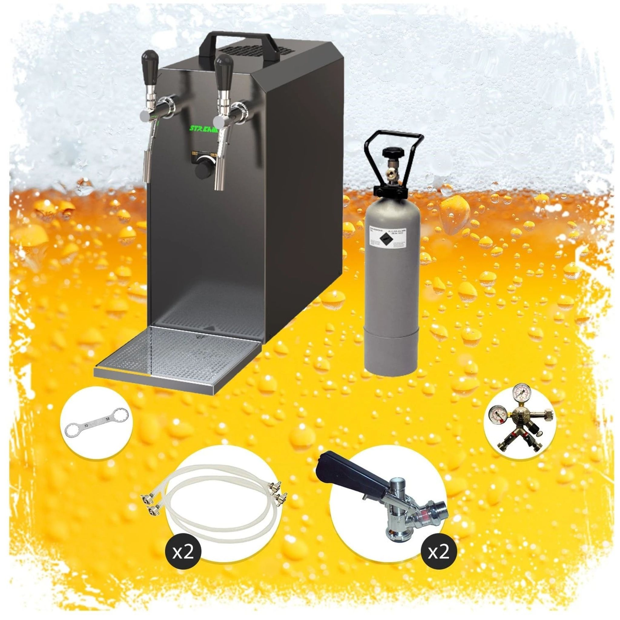 Bierkühler mit Zapfhähnen, Gasflasche, Schläuchen, Werkzeug und Druckminderer.
