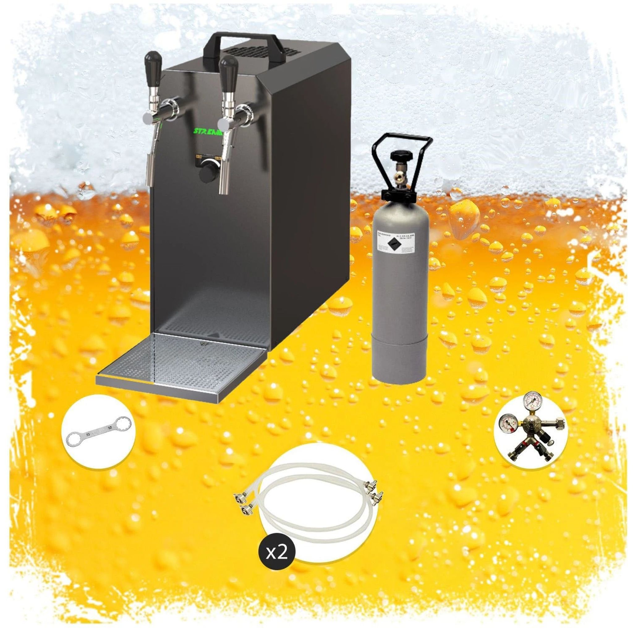 Ein Getränke-Zapfgerät mit CO2-Flasche, Schläuchen, einem Schraubenschlüssel und einem Druckminderer.