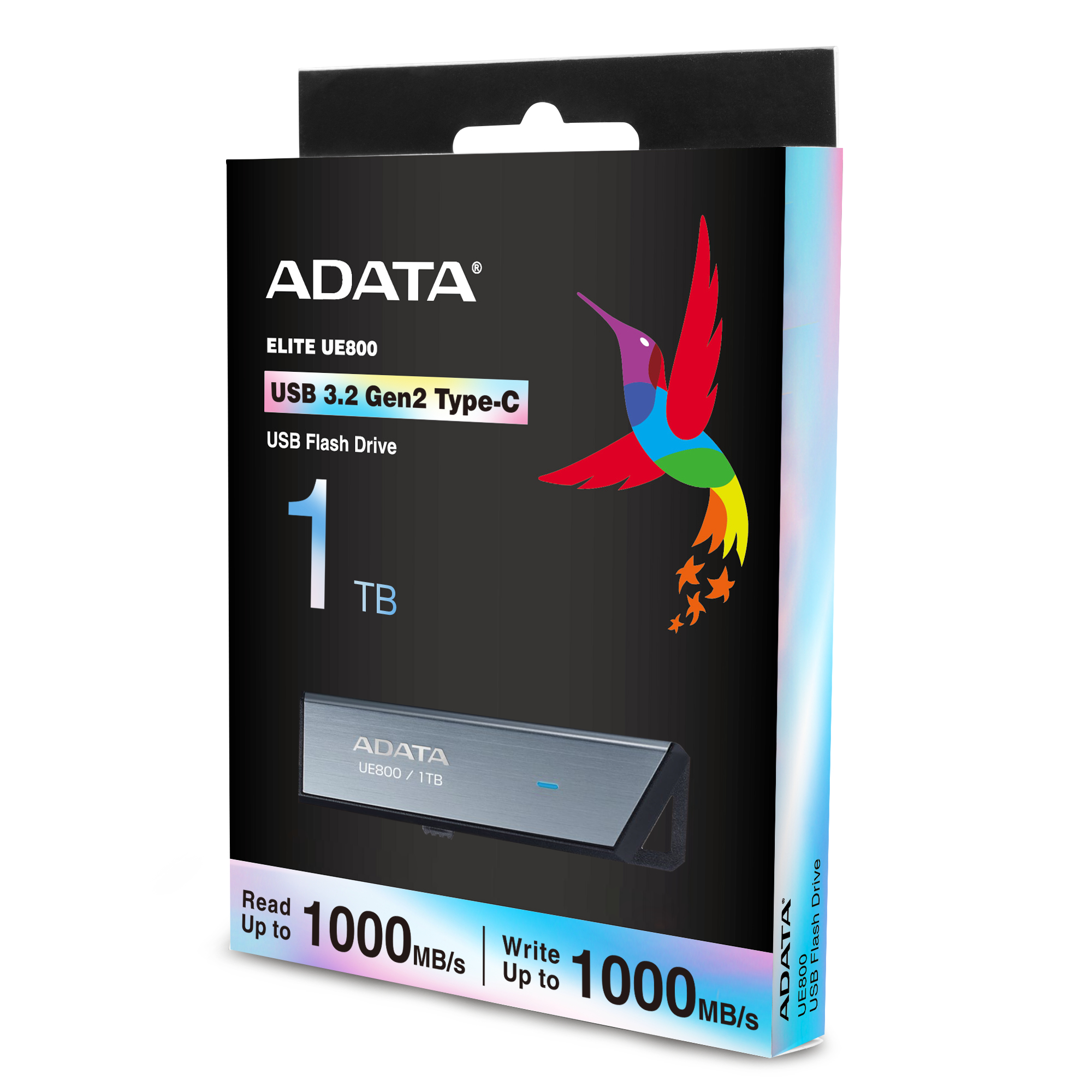Chiavetta USB ADATA Elite UE800 da 1TB con design di colibrì colorato.