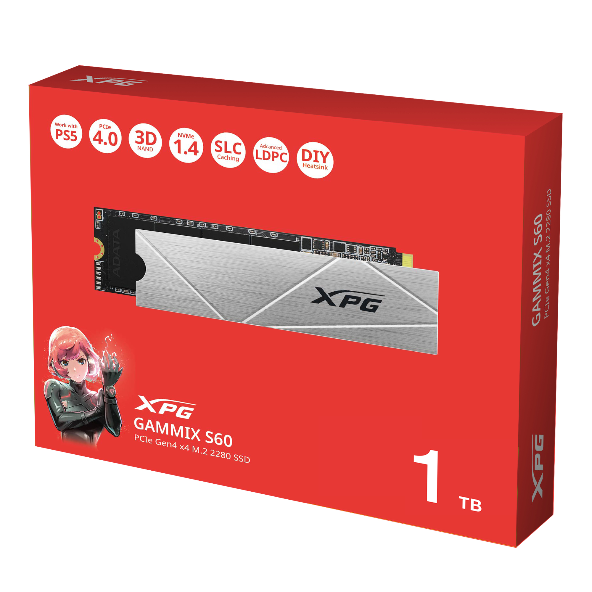 Scatola rossa con SSD XPG GAMMIX S60. Presenta ragazza anime, SSD e specifiche.