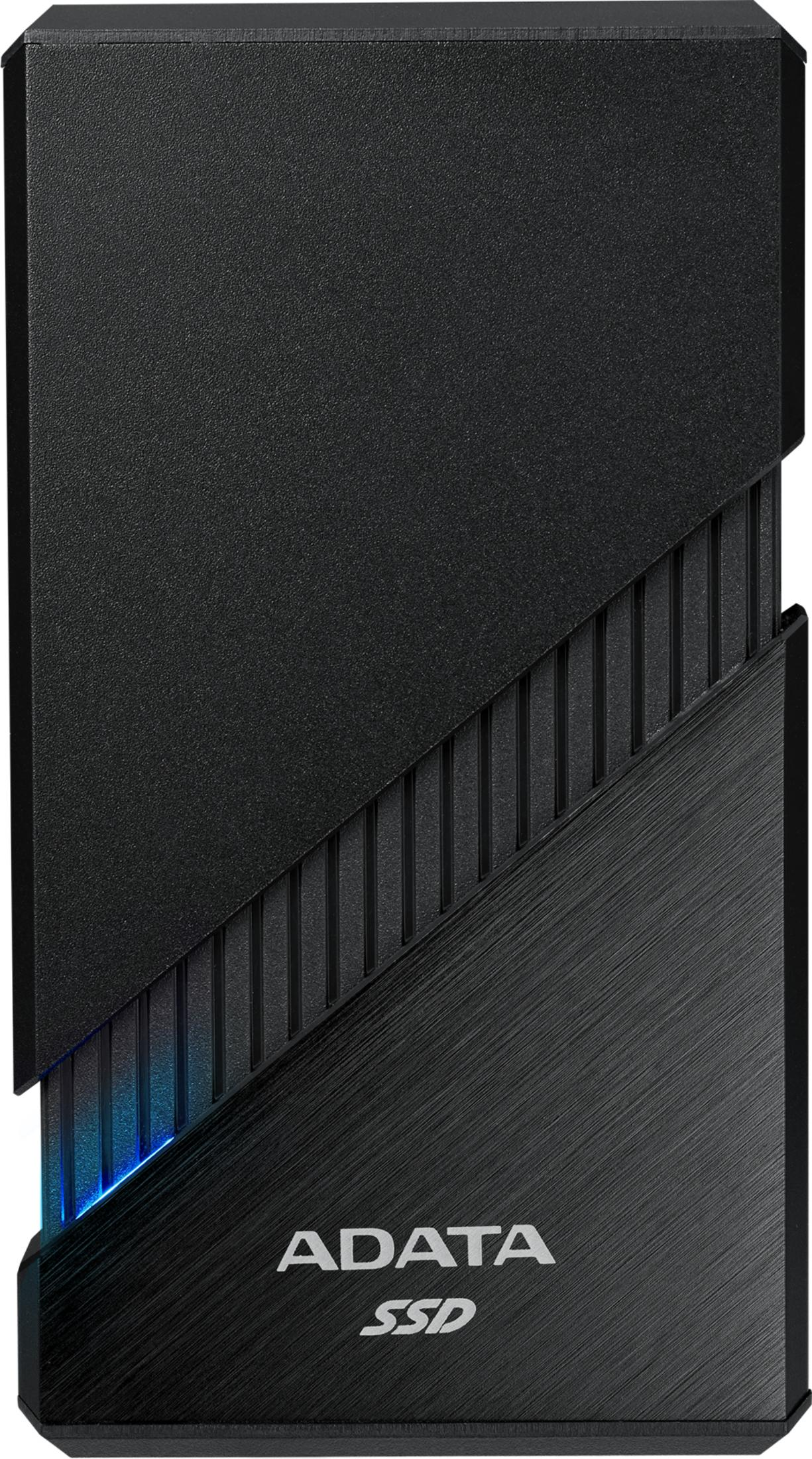Schwarze externe SSD mit schrägem Design und blauen Lichtern.