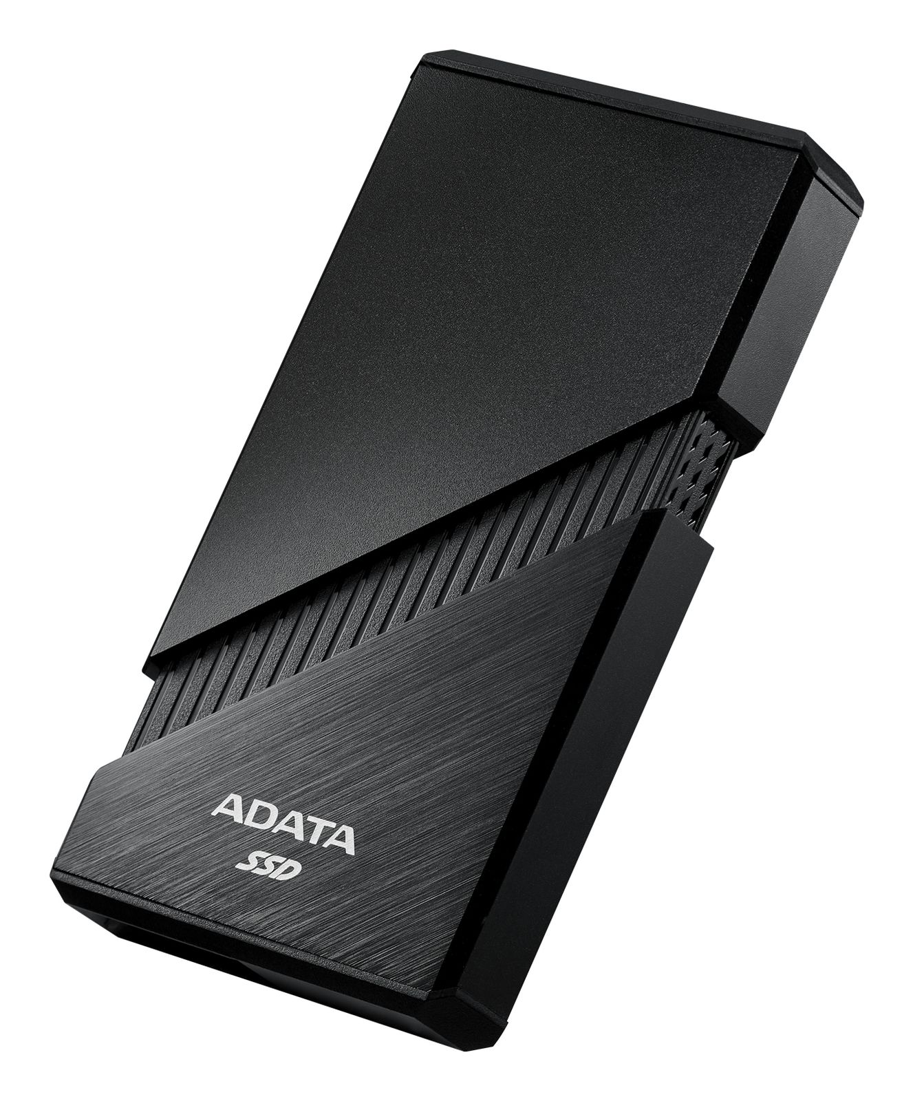 Schwarze ADATA SSD externe Festplatte mit texturierter Metalloberfläche und Lüftungsschlitzen.