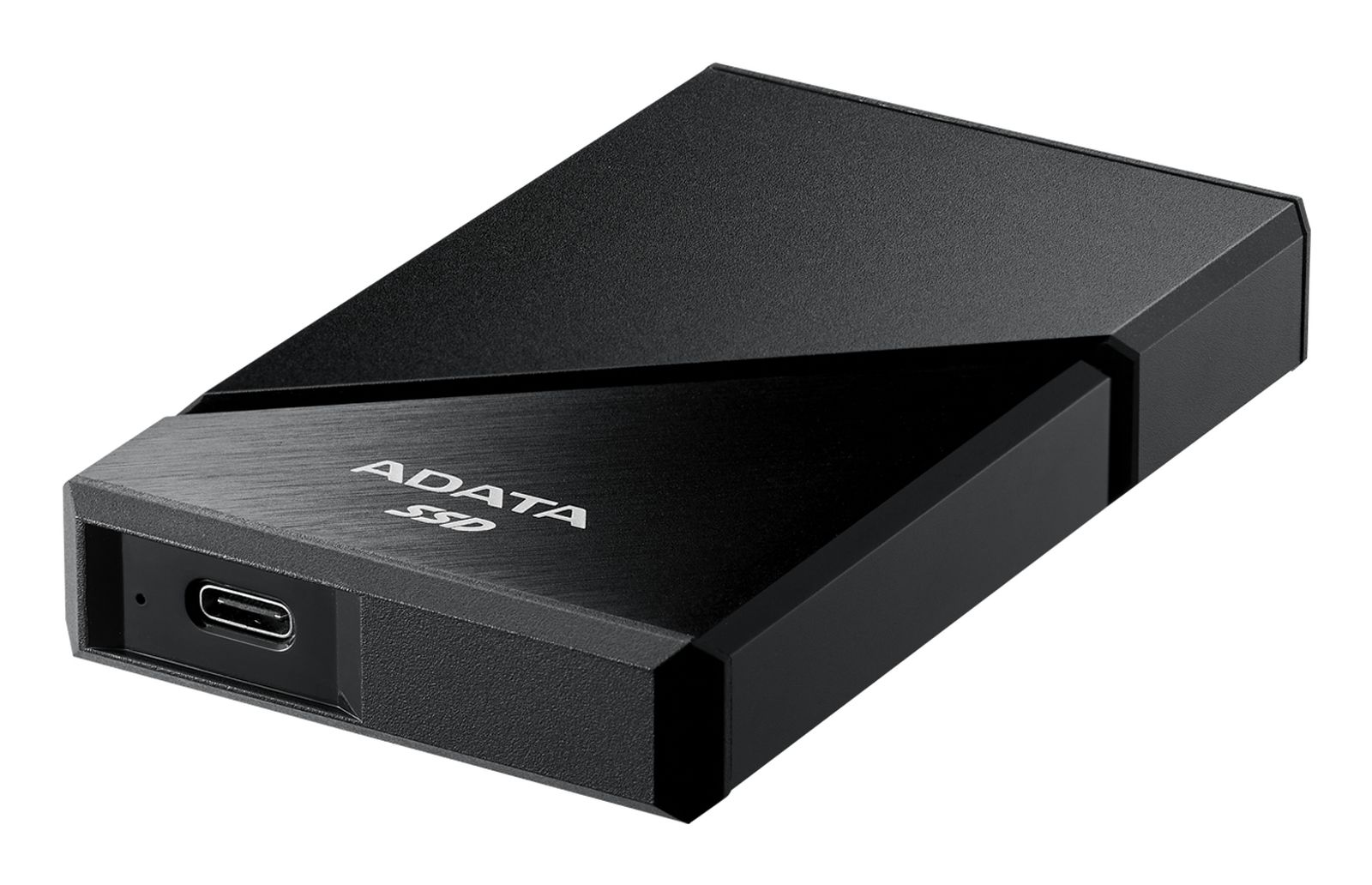 Ein schwarzes ADATA SSD-Laufwerk mit USB-C-Anschluss auf weißem Hintergrund.