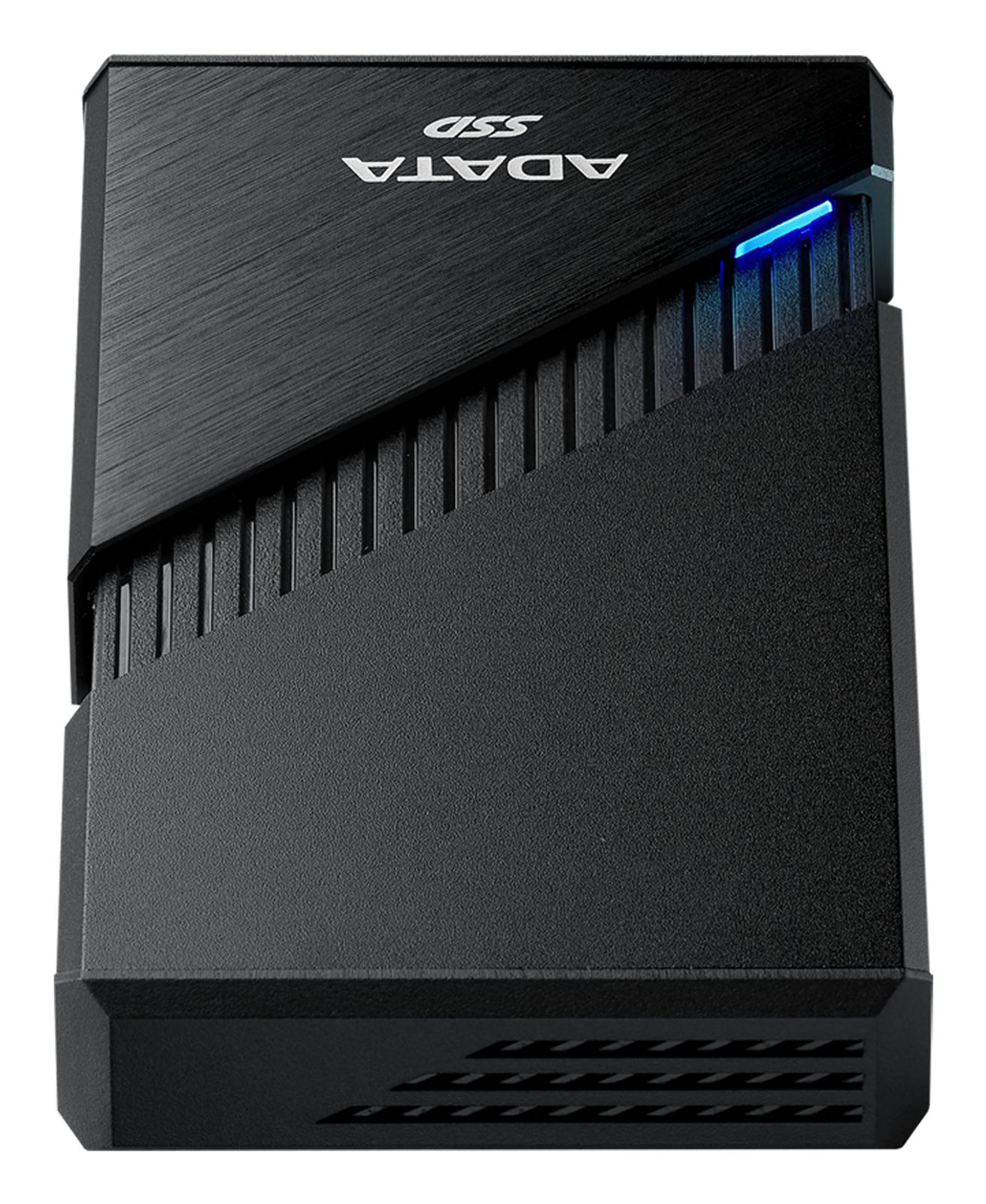 Schwarzes ADATA SSD-Gehäuse mit gebürsteter Oberfläche und blauer LED.
