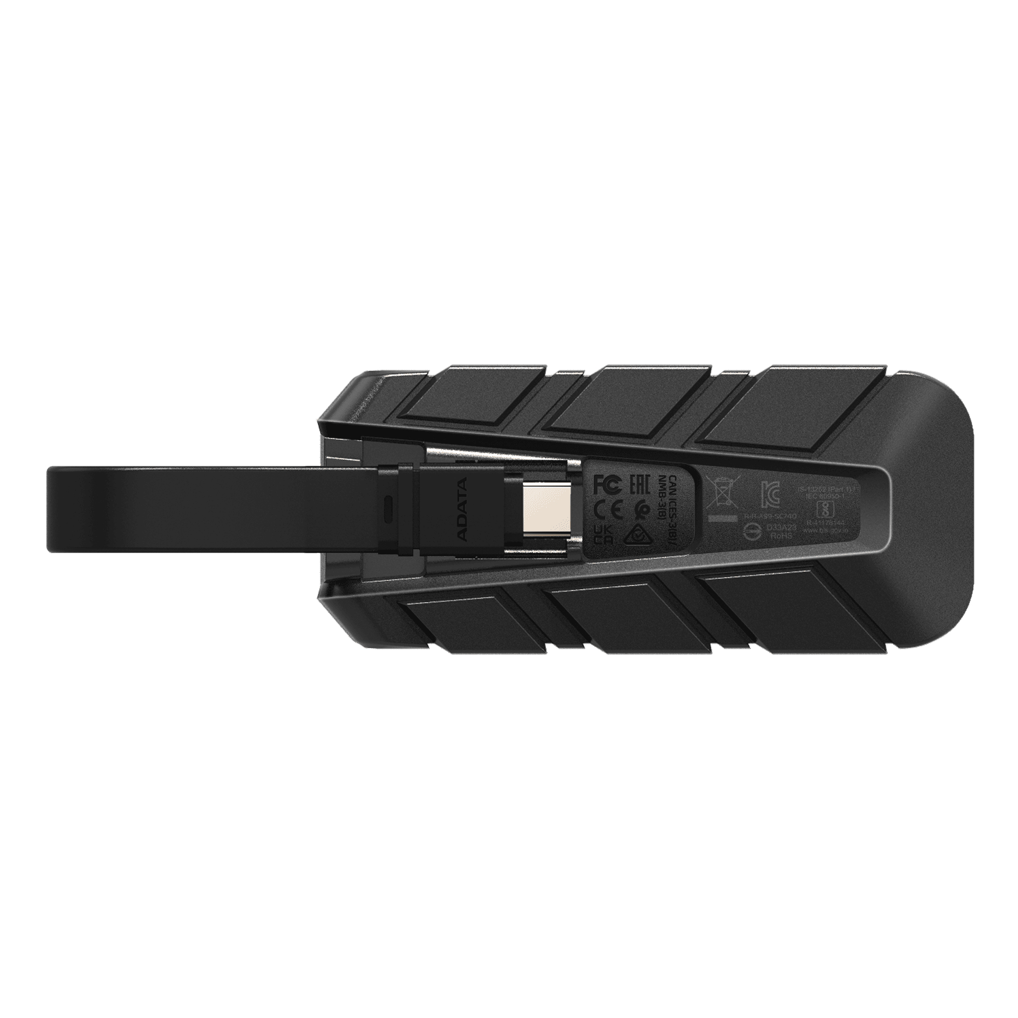Schwarzes externes Laufwerk mit USB-C-Anschluss und ADATA-Logo.