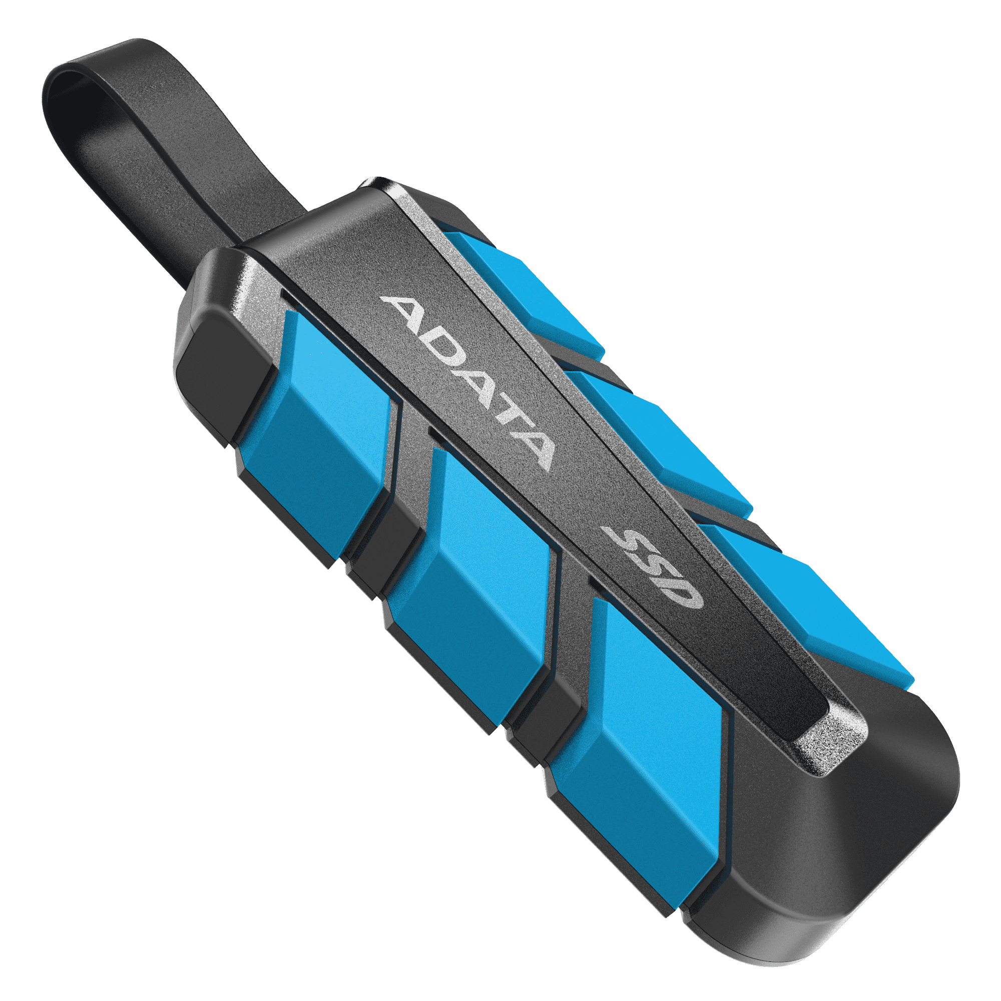Ein schwarzes ADATA SSD-Laufwerk mit blauen Akzenten und einer Schlaufe.