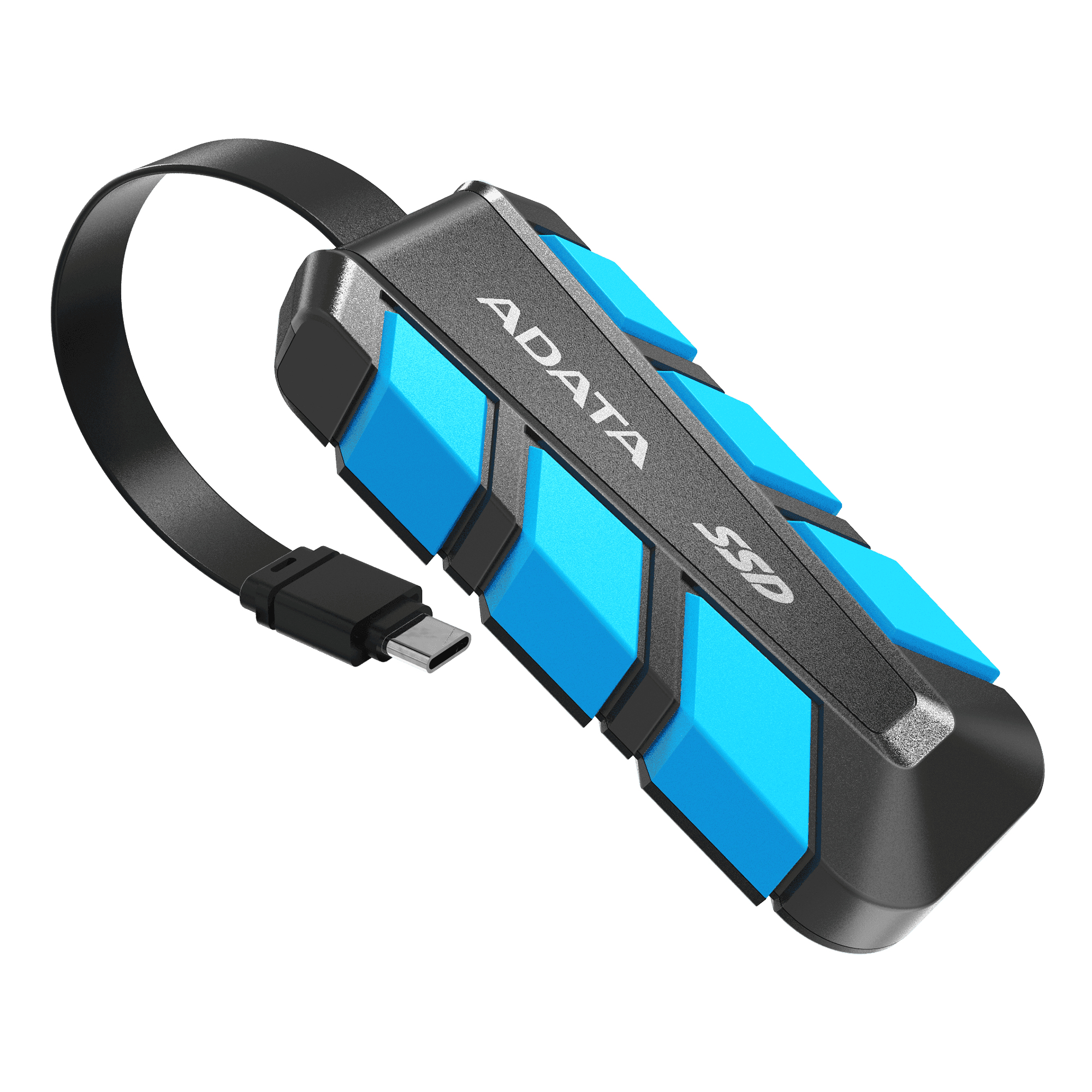 Ein schwarzes ADATA SSD-Laufwerk mit blauen Akzenten und einem USB-C-Kabel.