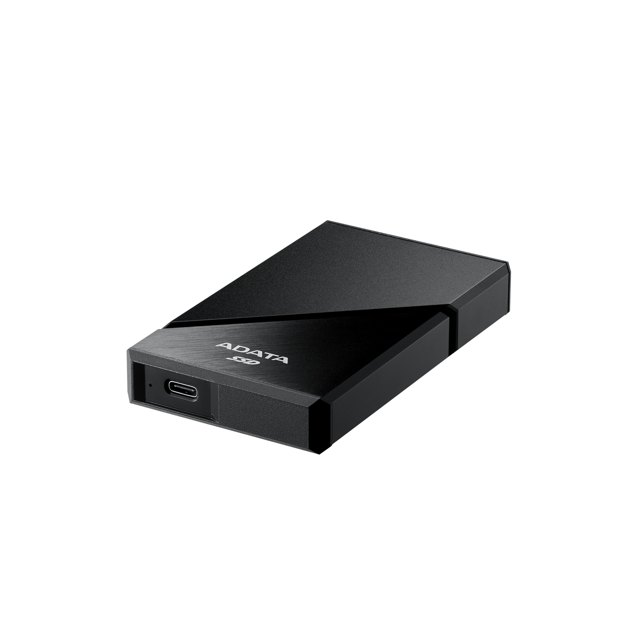Schwarze ADATA SSD-Festplatte mit USB-C-Anschluss, auf weißem Hintergrund.