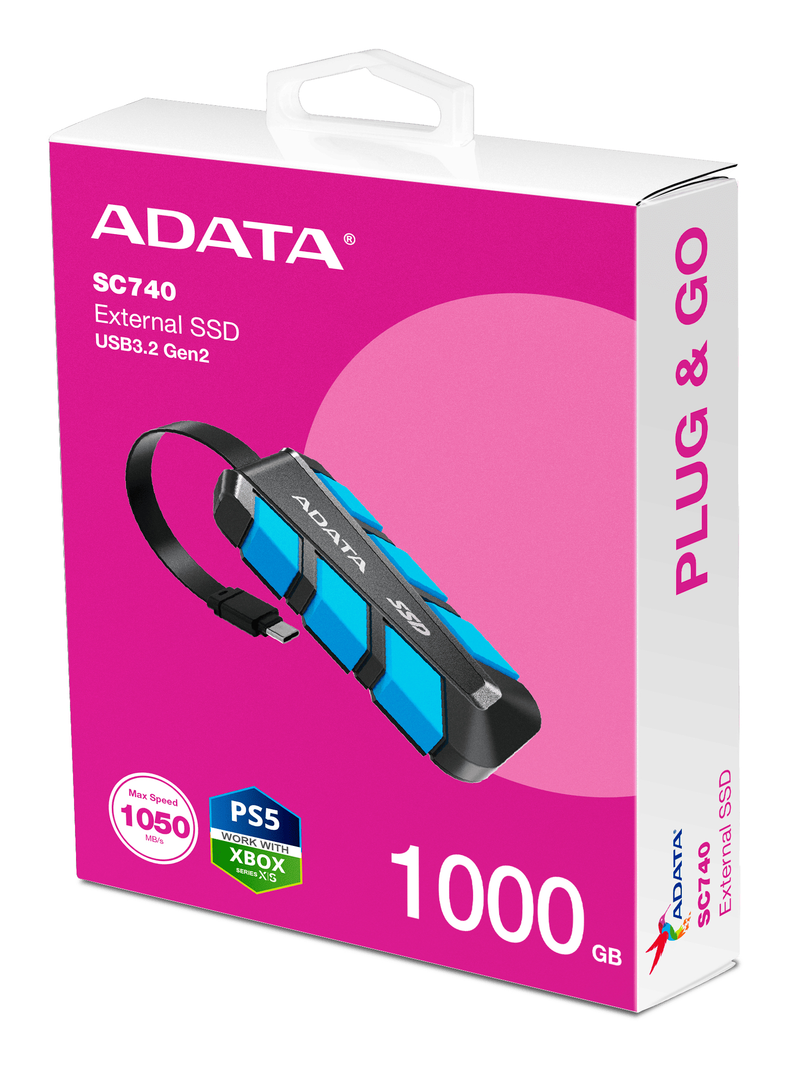 ADATA SC740 Externe SSD-Verpackung mit SSD, USB-Kabel, PS5/Xbox-Logo, 1000GB Kapazität.