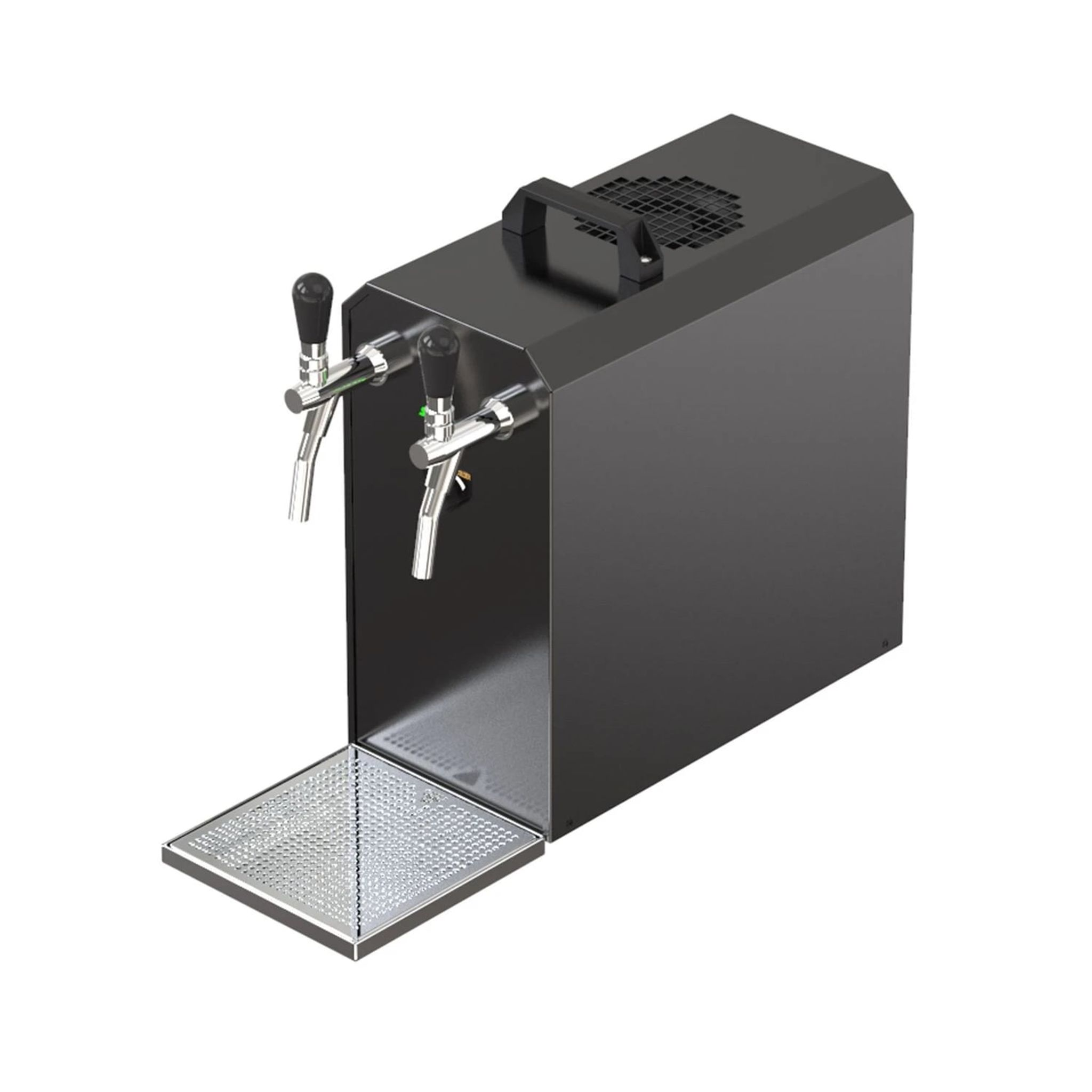 Schwarzer Zapfautomat mit zwei Zapfhähnen und Tropfschale.