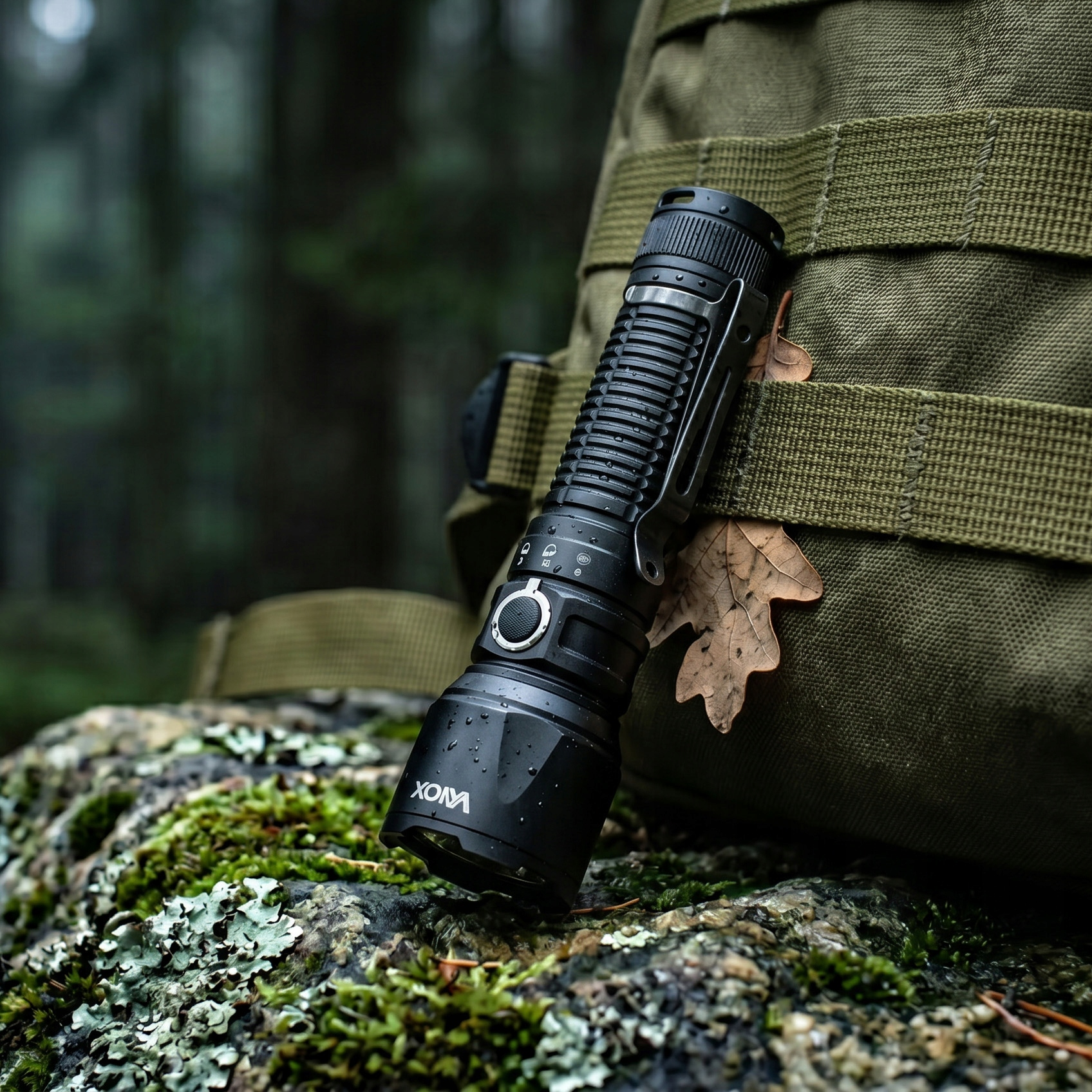 Eine schwarze Taschenlampe liegt auf einem moosbewachsenen Felsen neben einem grünen Rucksack.