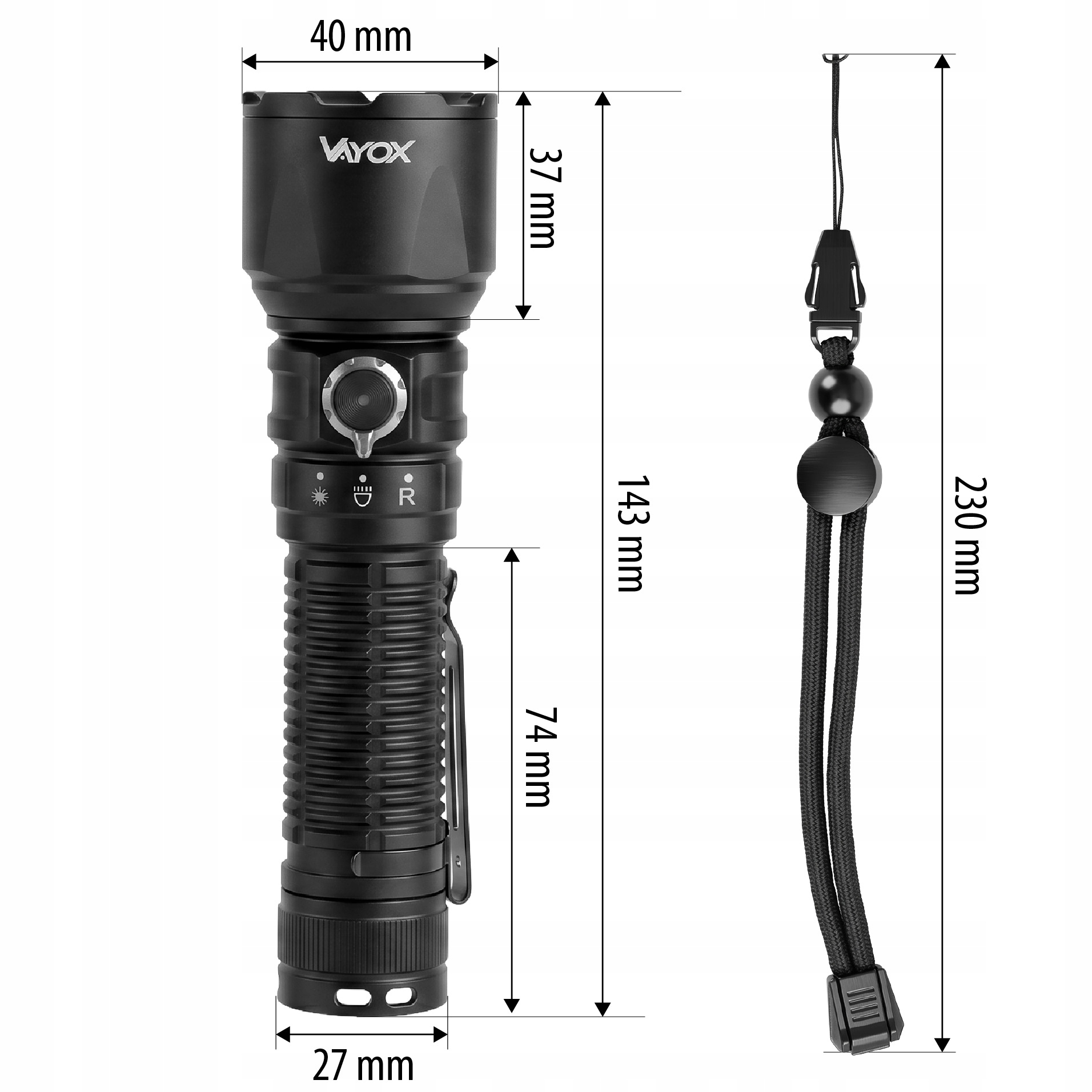 Schwarze Taschenlampe mit Maßen und Lanyard. VAYOX-Logo oben.