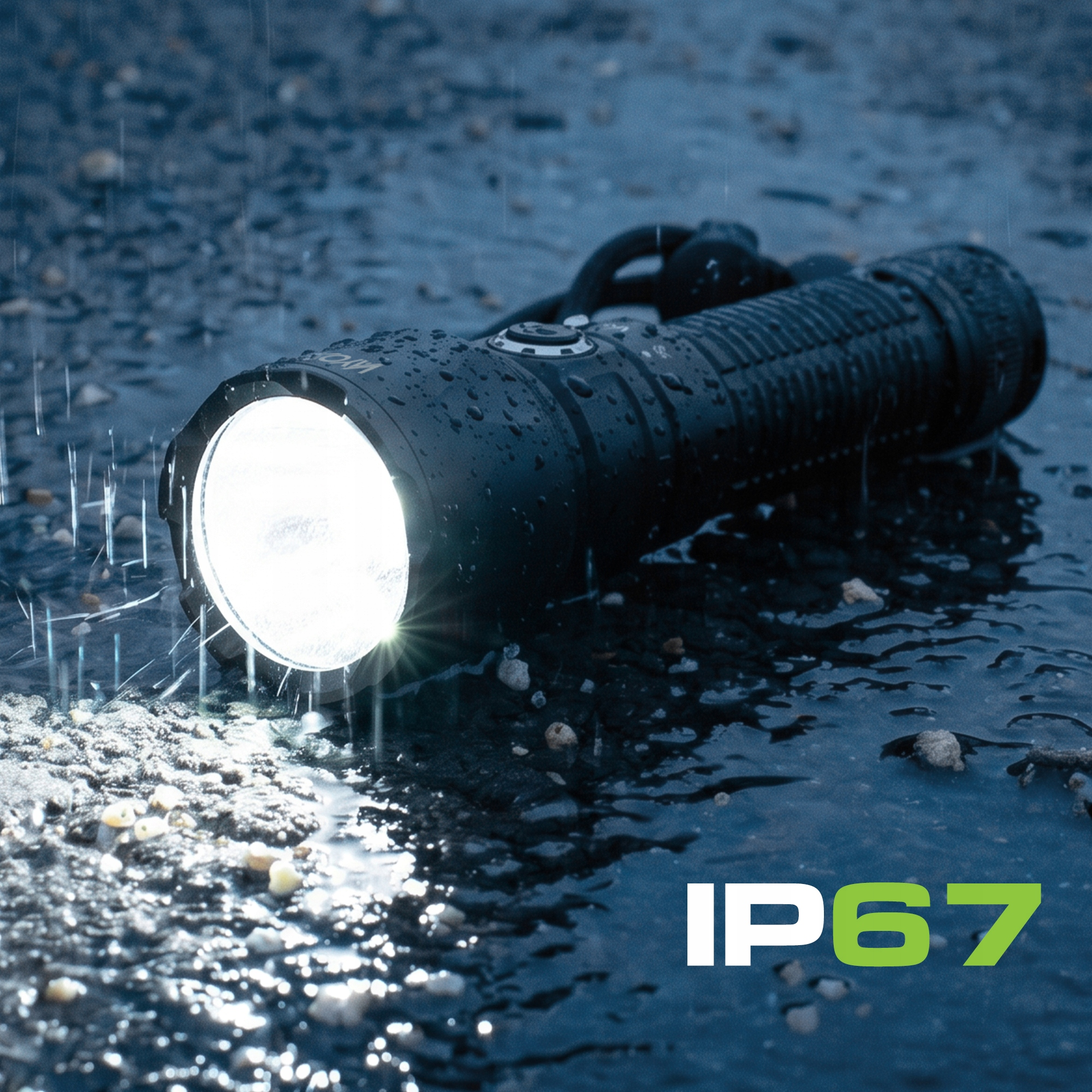 Eine schwarze Taschenlampe liegt im Regen auf nassem Boden. IP67.