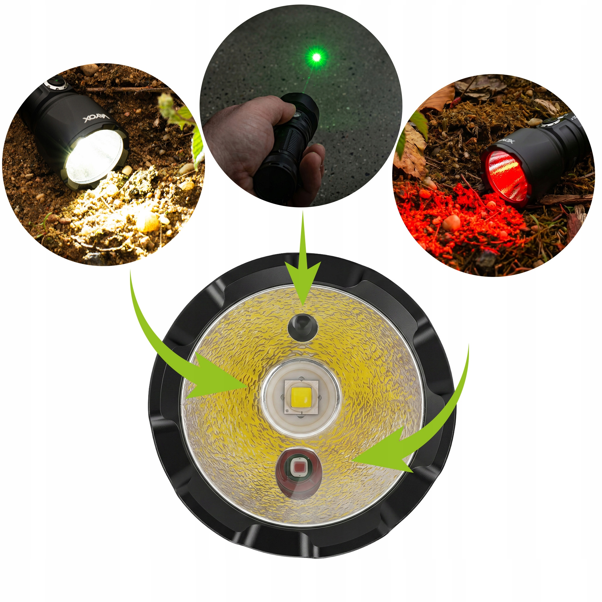 Taschenlampen-Display mit weißen, grünen und roten Lichtern sowie einem zentralen LED-Chip.