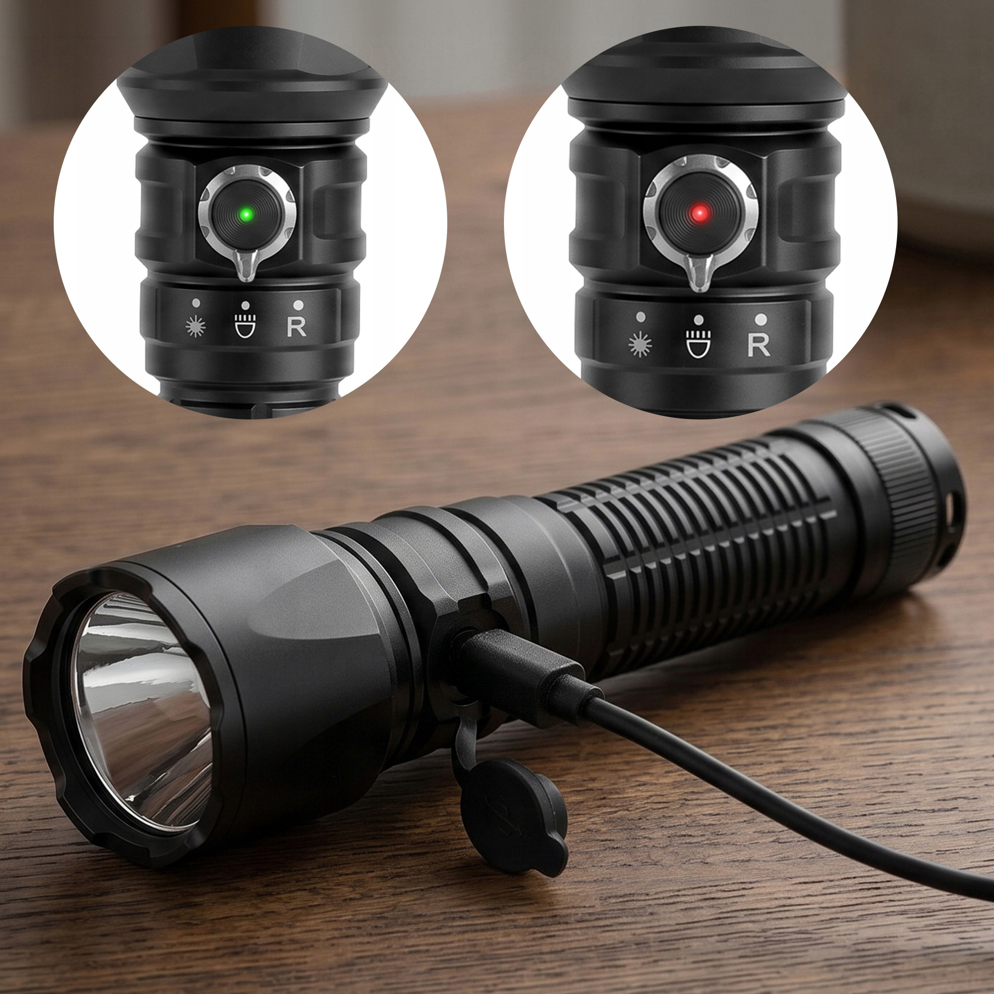 Schwarze Taschenlampe lädt per USB. Indikatorleuchten zeigen Grün und Rot.