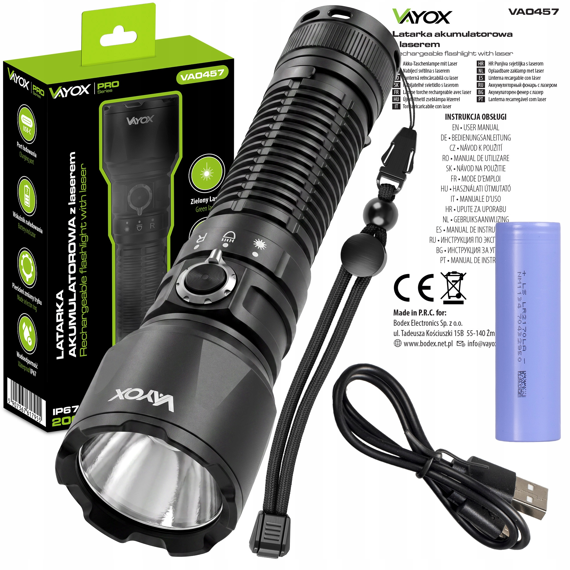 Schwarze wiederaufladbare Taschenlampe mit Laser, USB-C-Ladeanschluss und Akku.