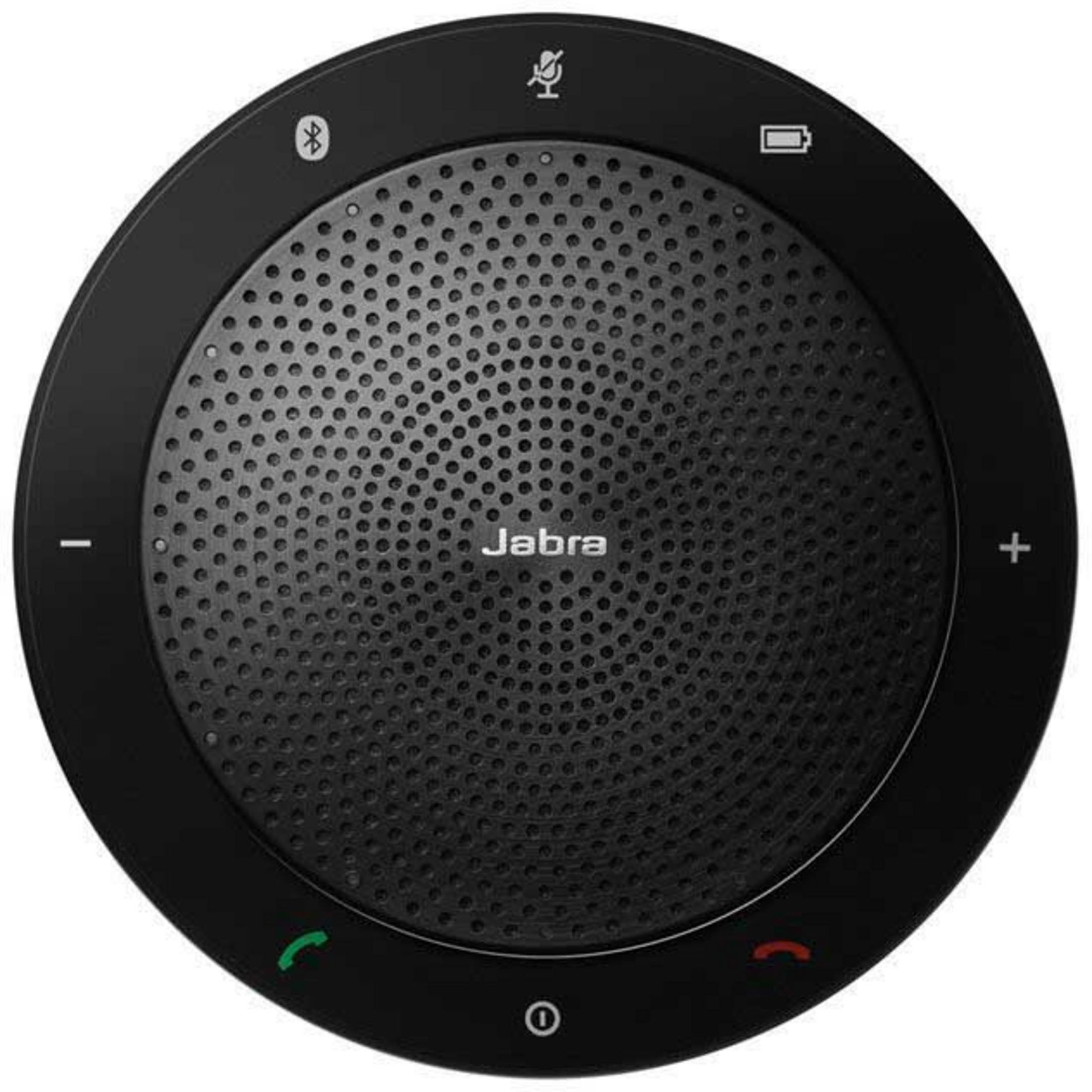 Un altoparlante Jabra rotondo e nero con pulsanti e icone.